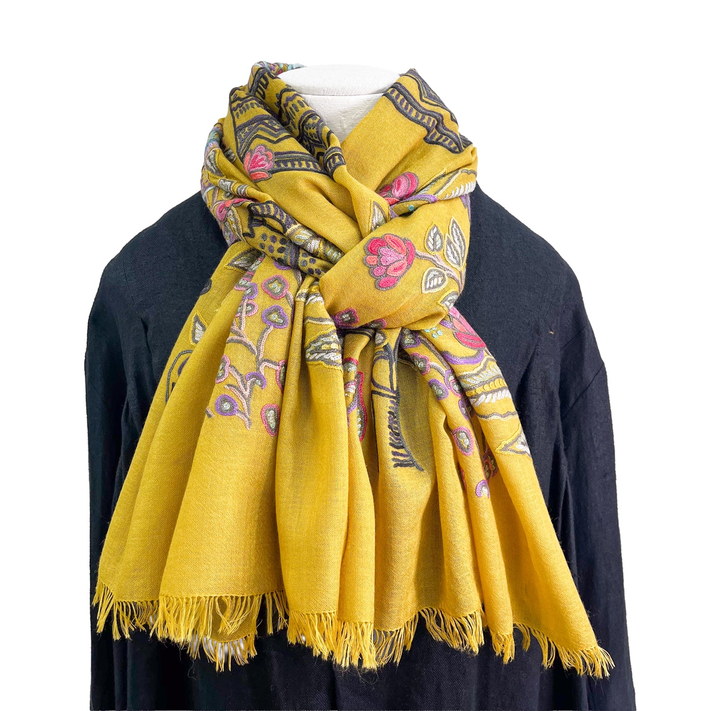 FLOWER POT ウール&シルク アリー手刺繍ストール (ダークイエロー)