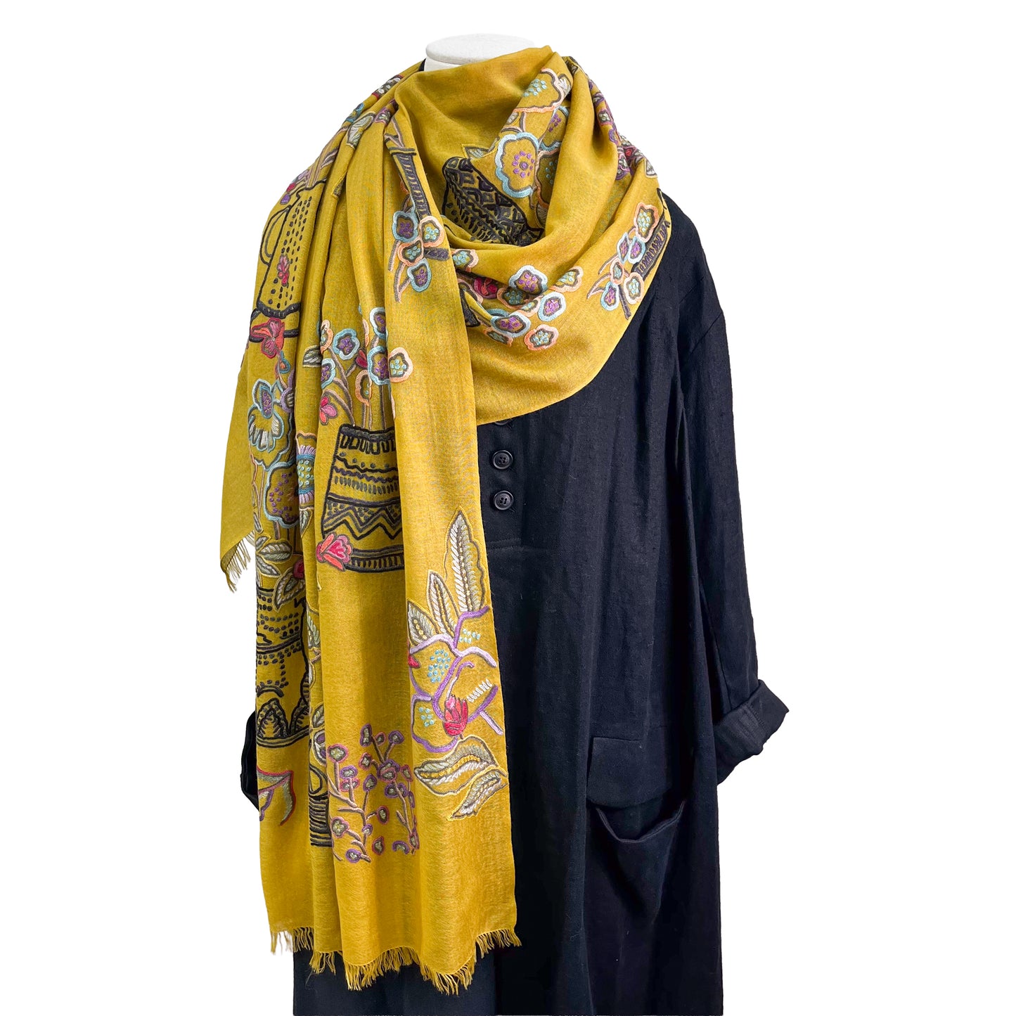 FLOWER POT ウール&シルク アリー手刺繍ストール (ダークイエロー)