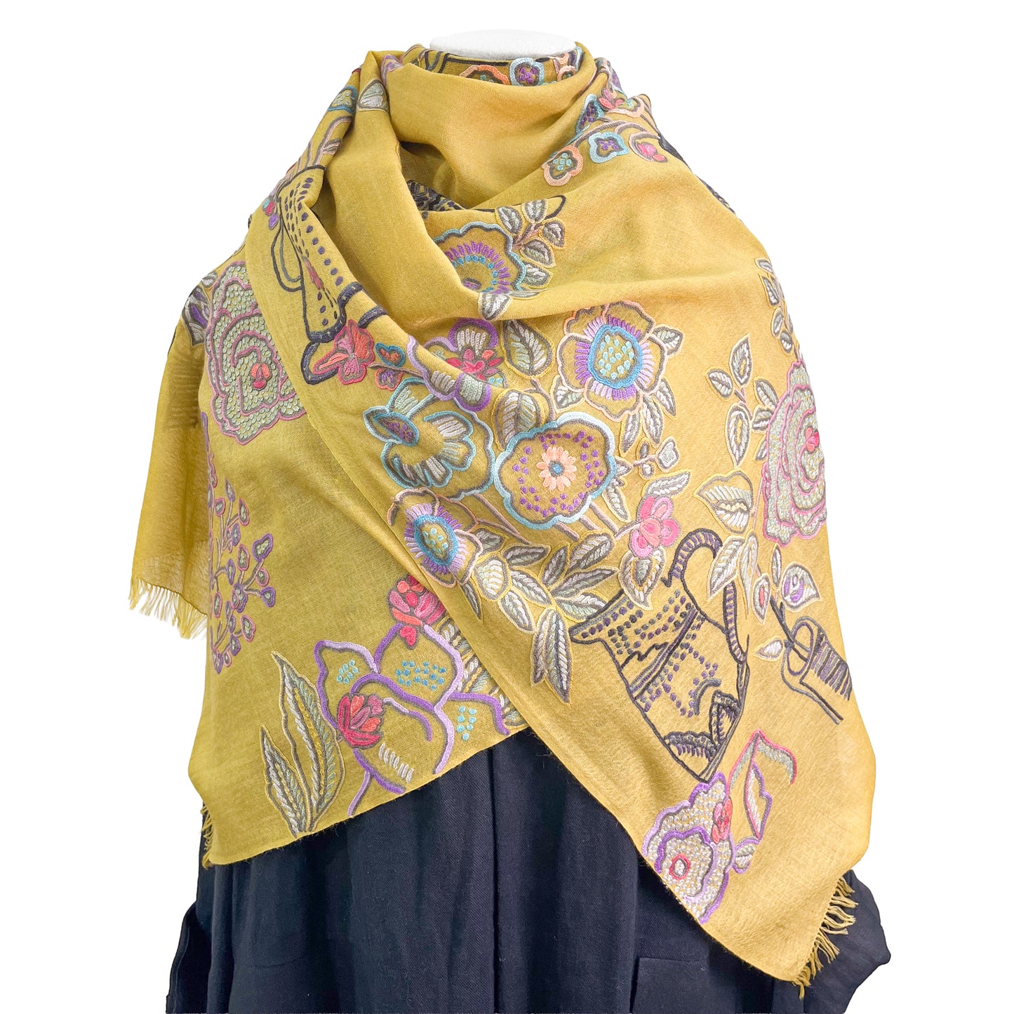 FLOWER POT ウール&シルク アリー手刺繍ストール (ダークイエロー)