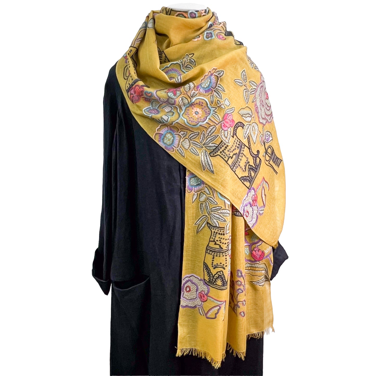 FLOWER POT ウール&シルク アリー手刺繍ストール (ダークイエロー)