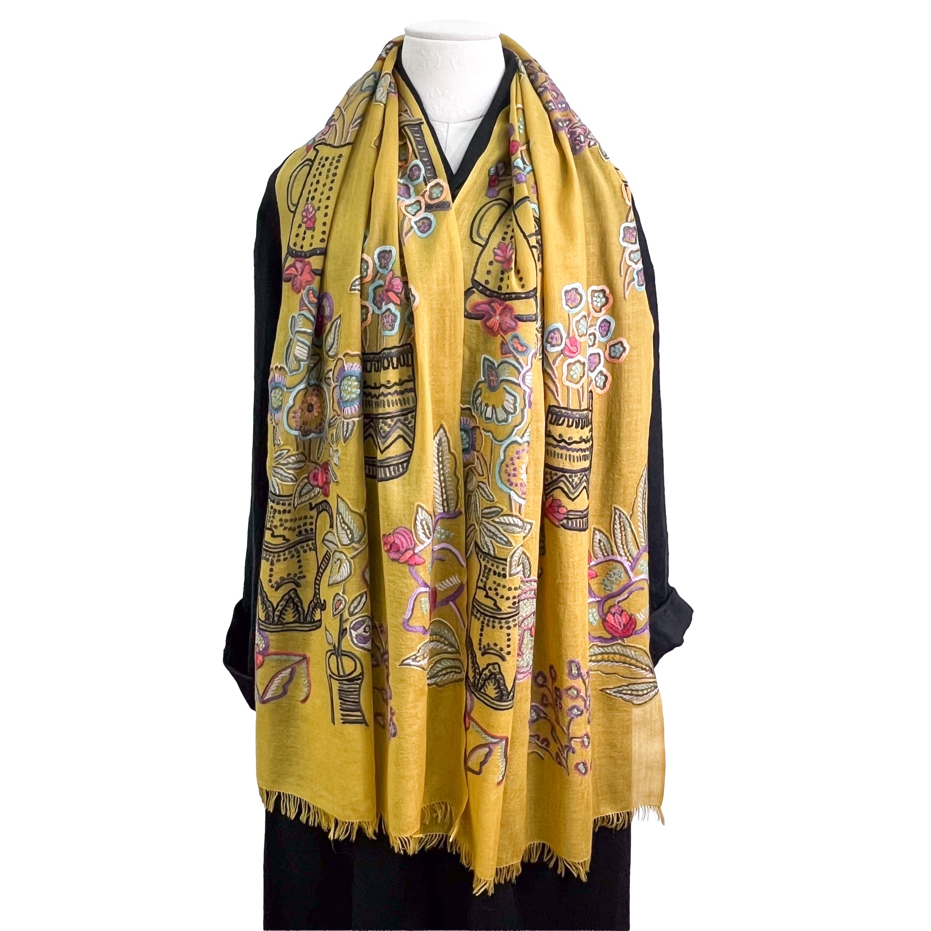 FLOWER POT ウール&シルク アリー手刺繍ストール (ダークイエロー