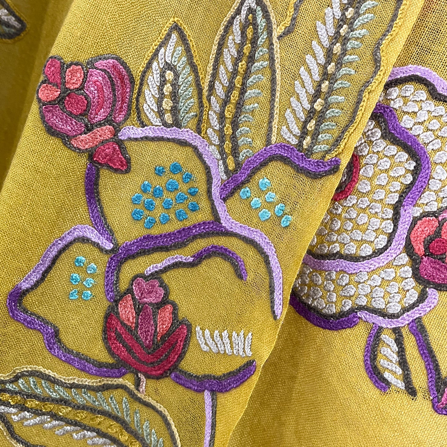 FLOWER POT ウール&シルク アリー手刺繍ストール (ダークイエロー)