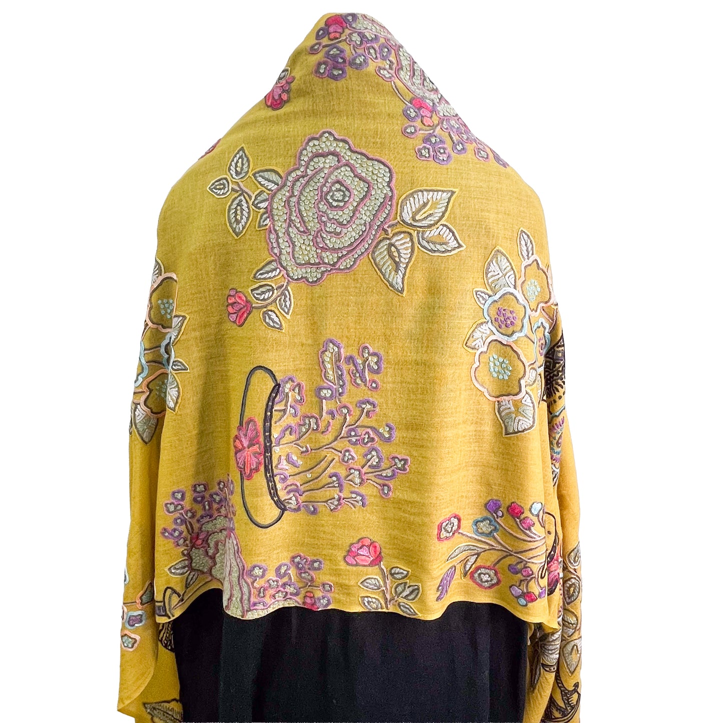 FLOWER POT ウール&シルク アリー手刺繍ストール (ダークイエロー)