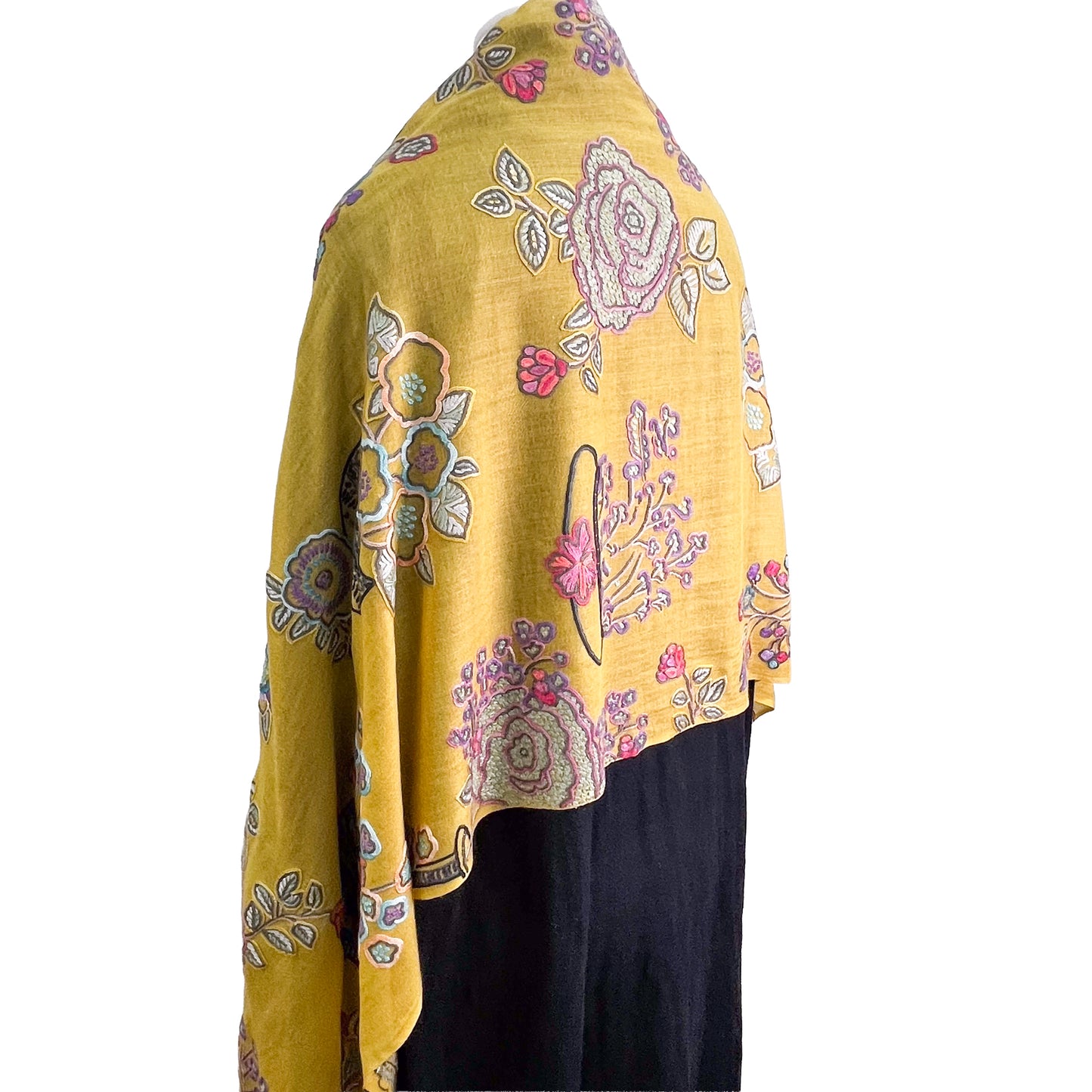 FLOWER POT ウール&シルク アリー手刺繍ストール (ダークイエロー)