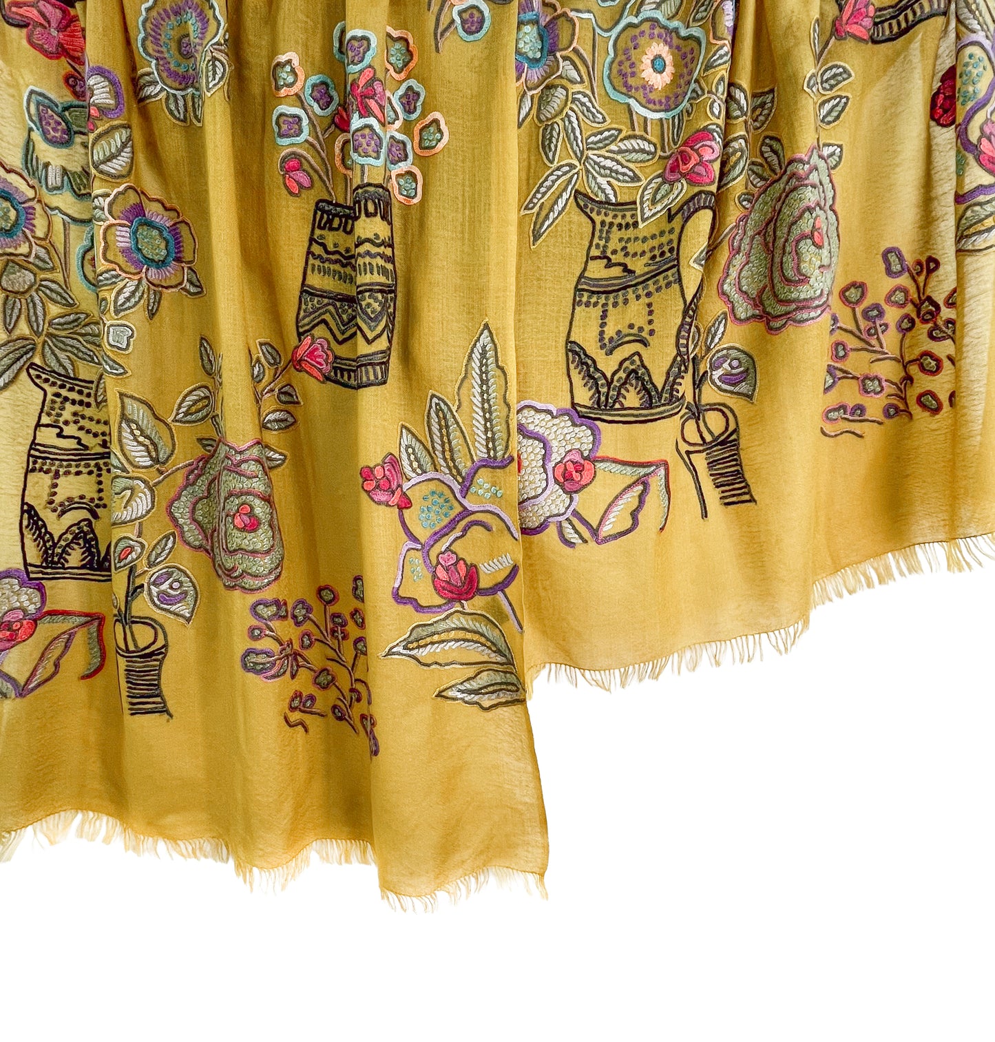 FLOWER POT ウール&シルク アリー手刺繍ストール (ダークイエロー)