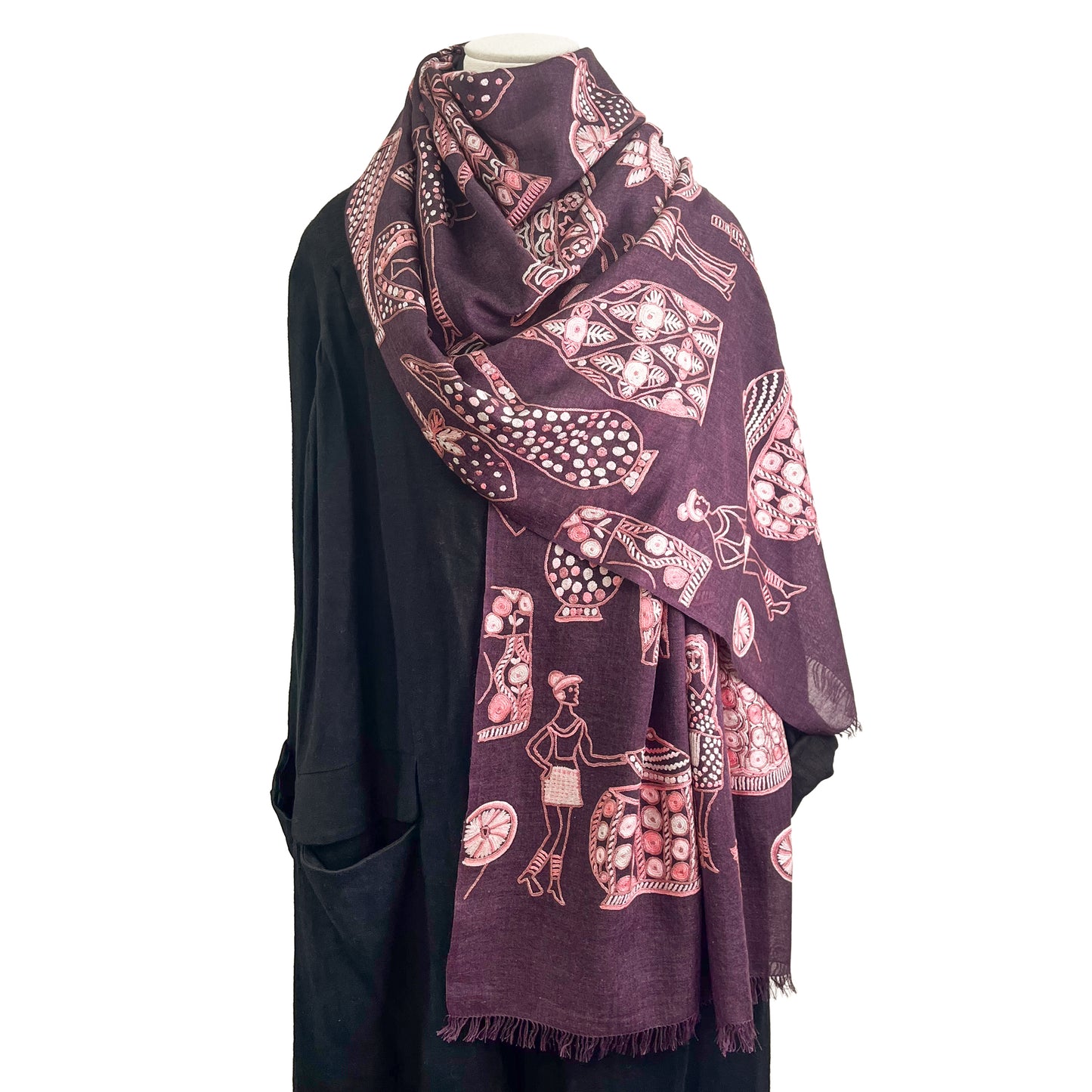 PARTY 薄手ウール&シルク アリー手刺繍ストール (ディープパープル)