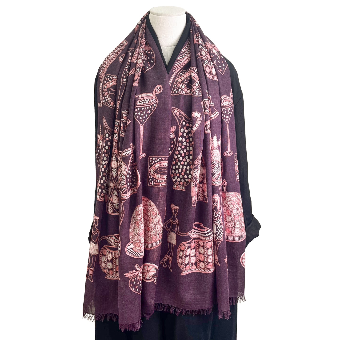 PARTY 薄手ウール&シルク アリー手刺繍ストール (ディープパープル)