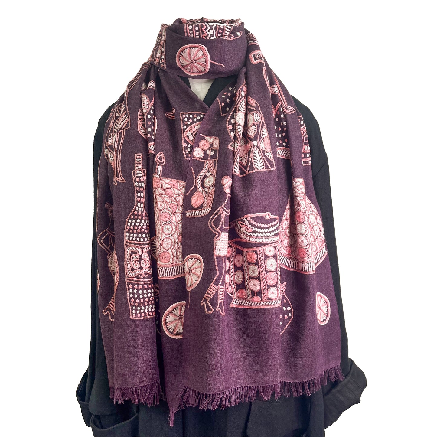 PARTY 薄手ウール&シルク アリー手刺繍ストール (ディープパープル)