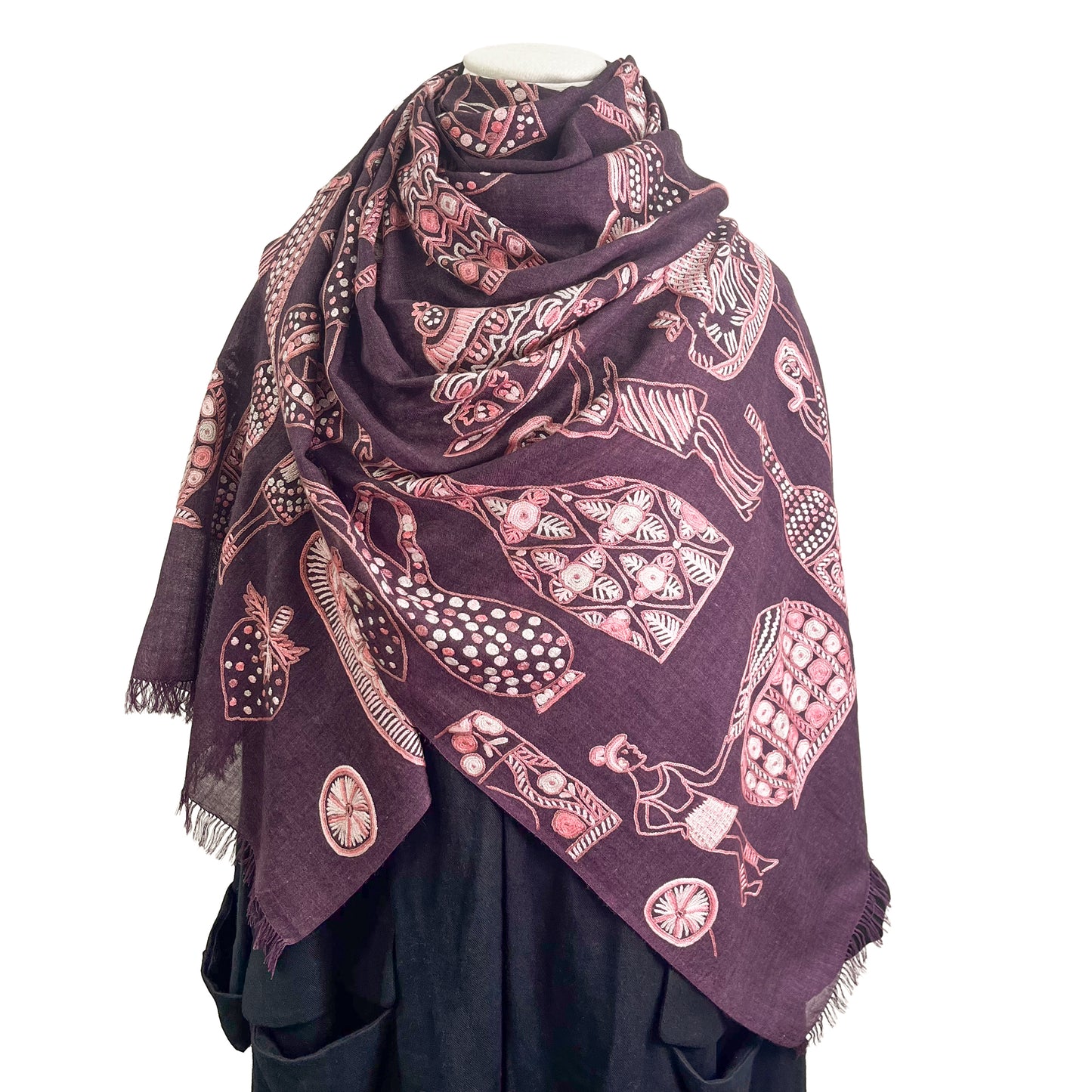 PARTY 薄手ウール&シルク アリー手刺繍ストール (ディープパープル)