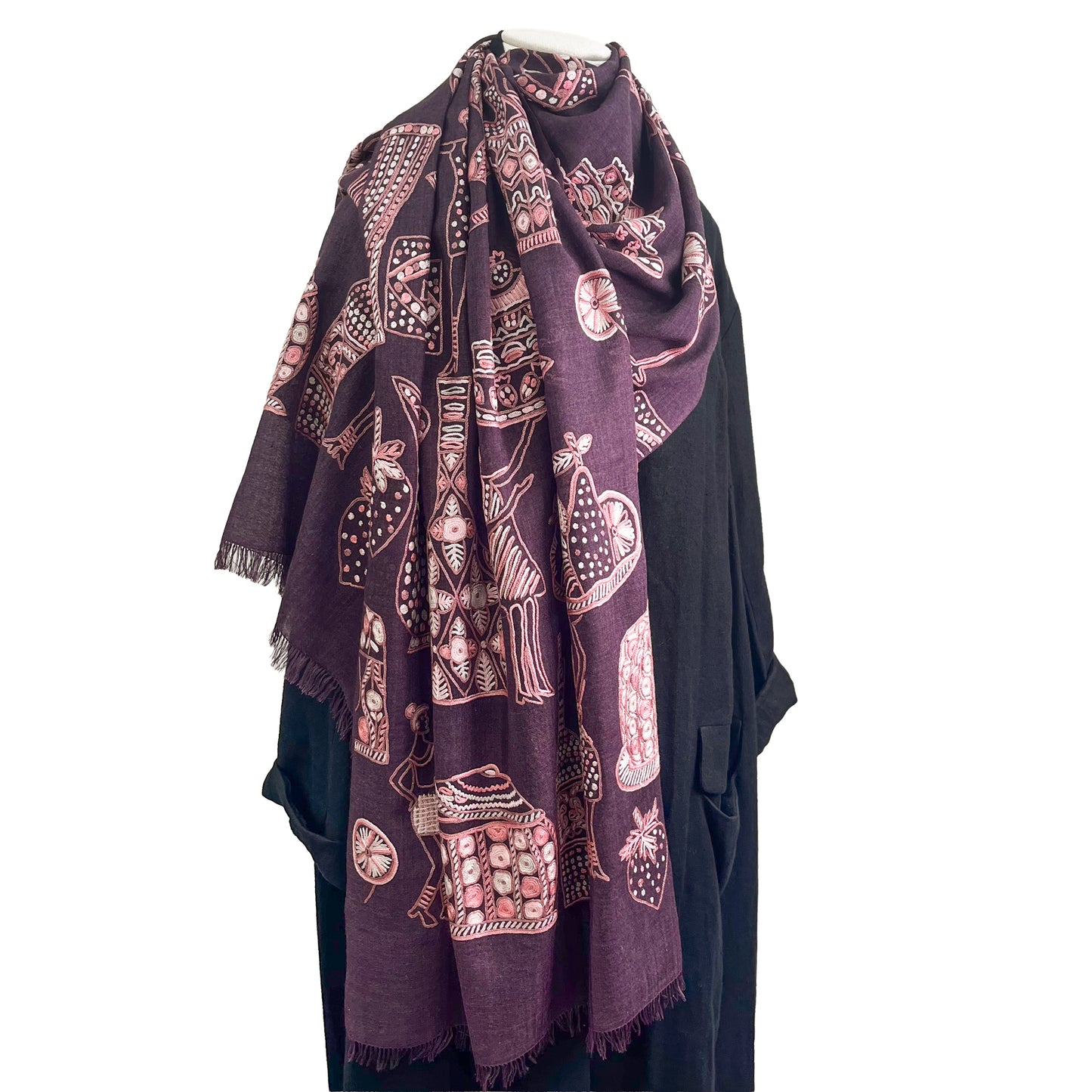 PARTY 薄手ウール&シルク アリー手刺繍ストール (ディープパープル)