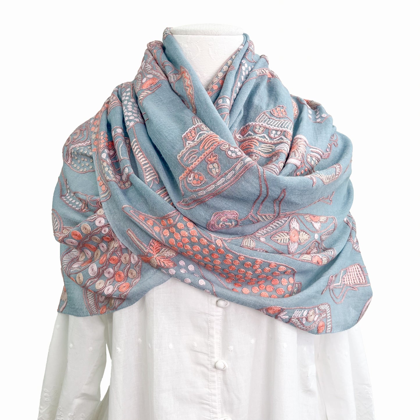 PARTY 薄手ウール&シルク アリー手刺繍ストール (ライトブルー/ピンク)