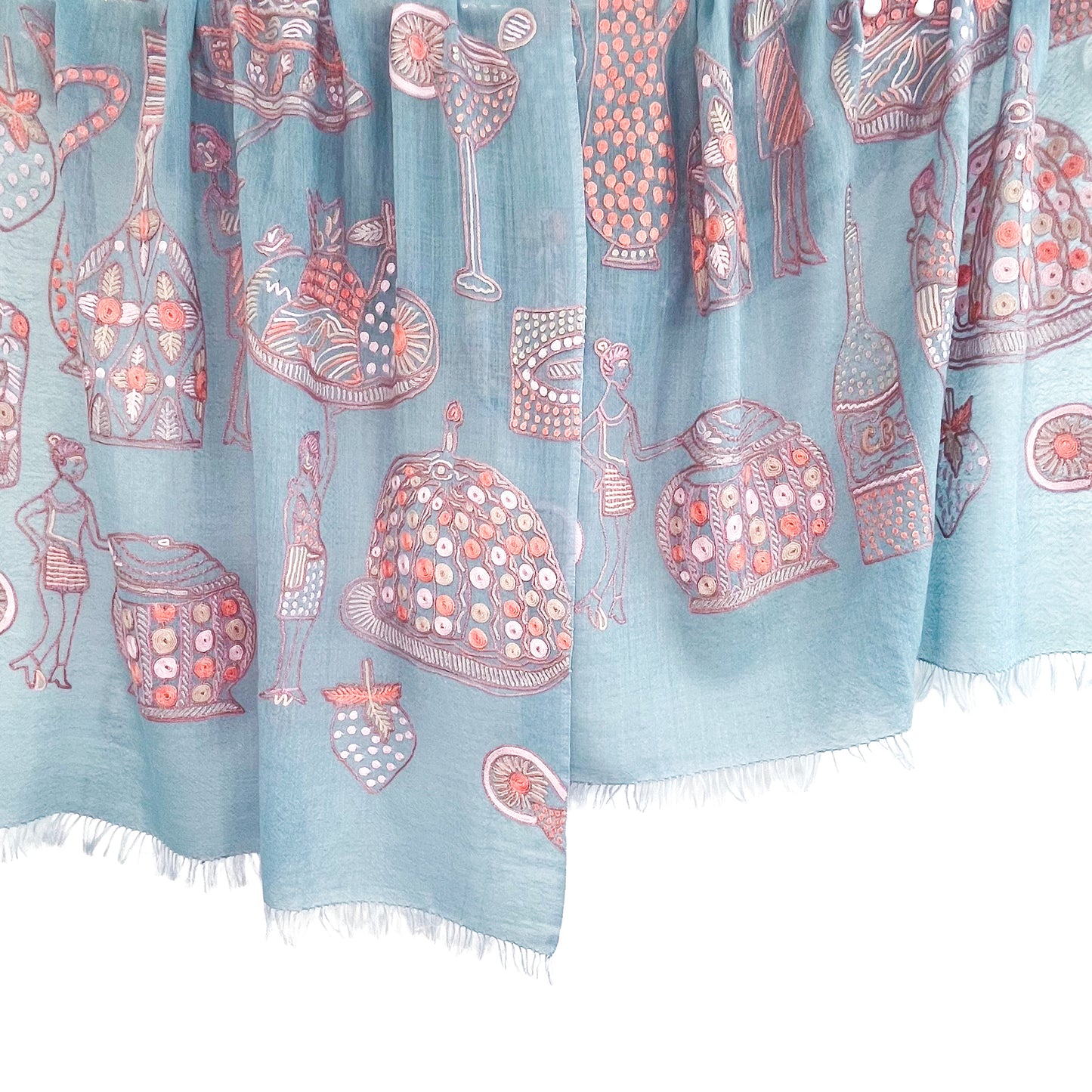 PARTY 薄手ウール&シルク アリー手刺繍ストール (ライトブルー/ピンク)