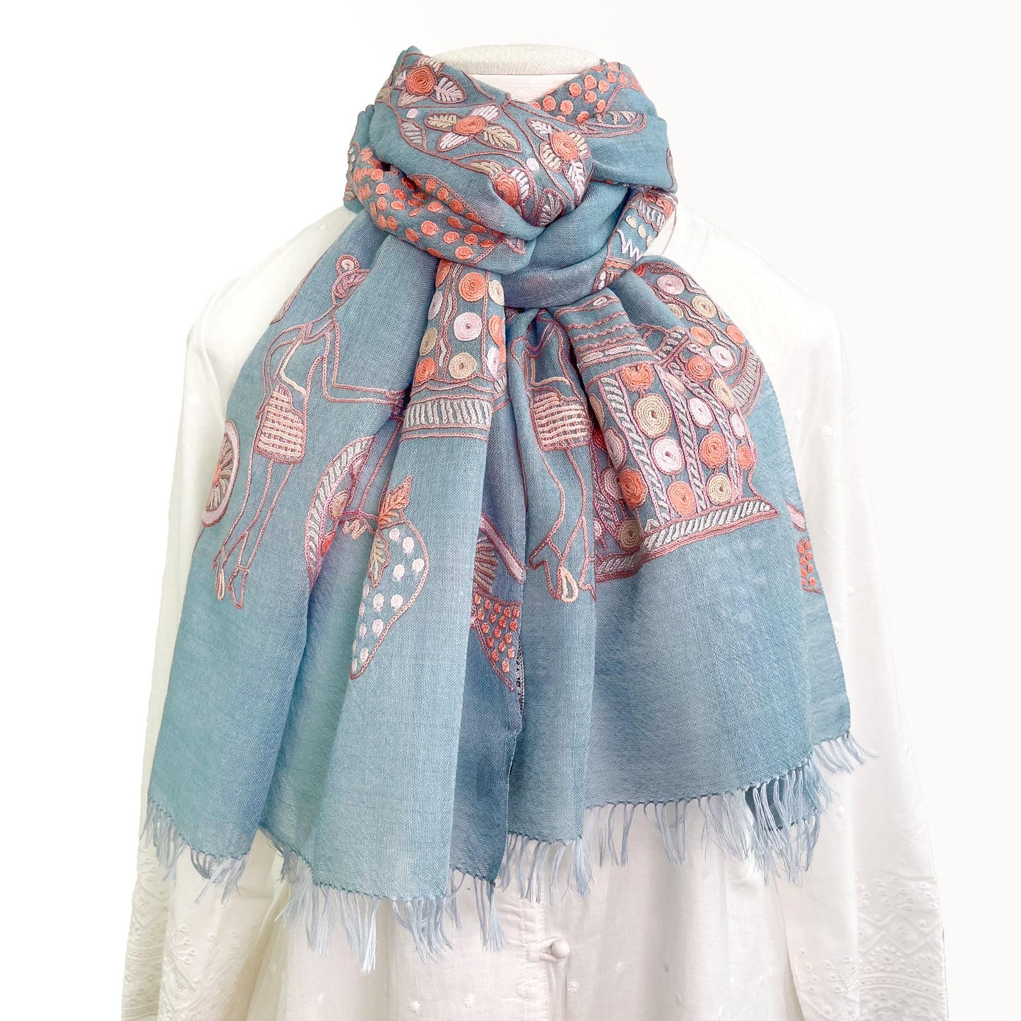 PARTY 薄手ウール&シルク アリー手刺繍ストール (ライトブルー/ピンク)