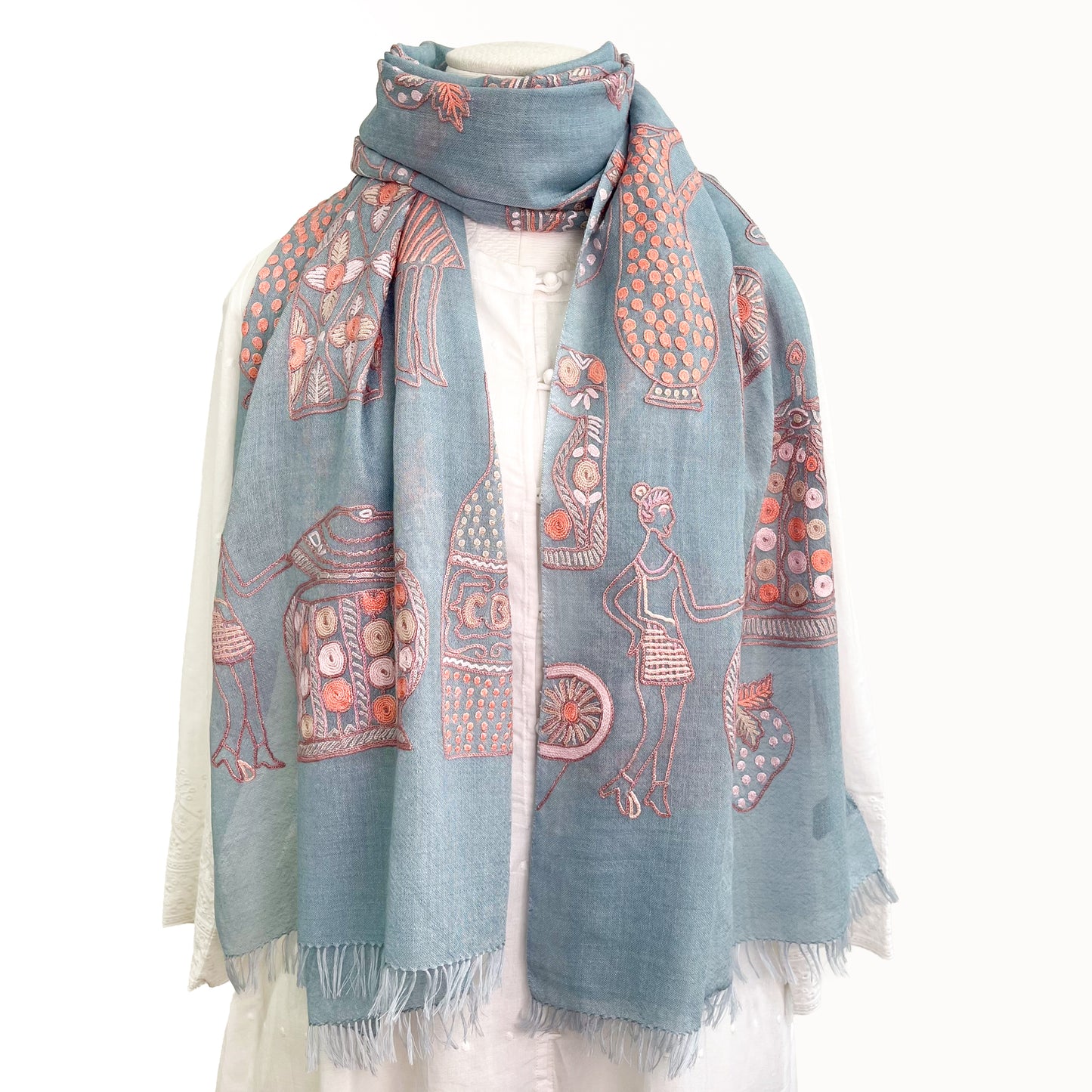 PARTY 薄手ウール&シルク アリー手刺繍ストール (ライトブルー/ピンク)