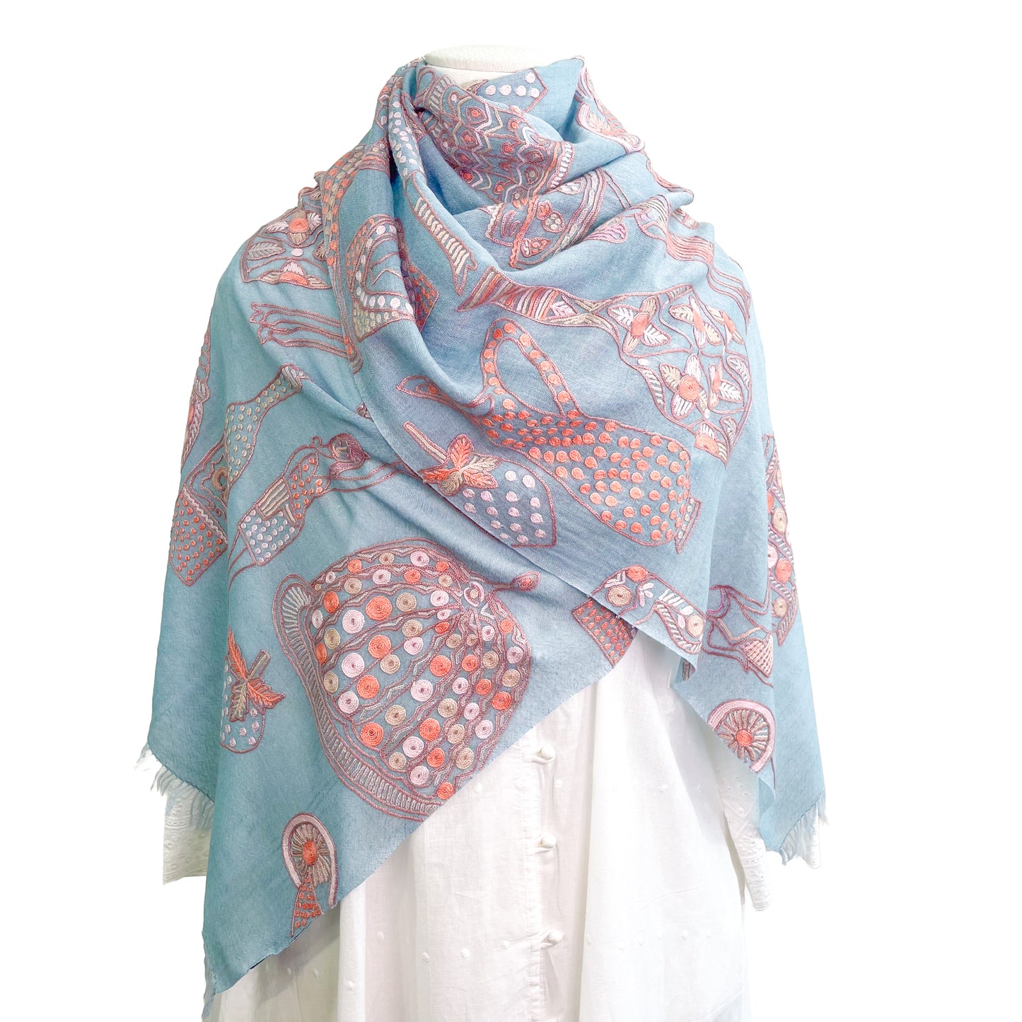 PARTY 薄手ウール&シルク アリー手刺繍ストール (ライトブルー/ピンク)