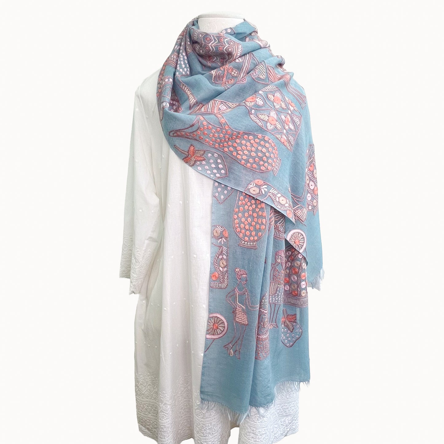 PARTY 薄手ウール&シルク アリー手刺繍ストール (ライトブルー/ピンク)