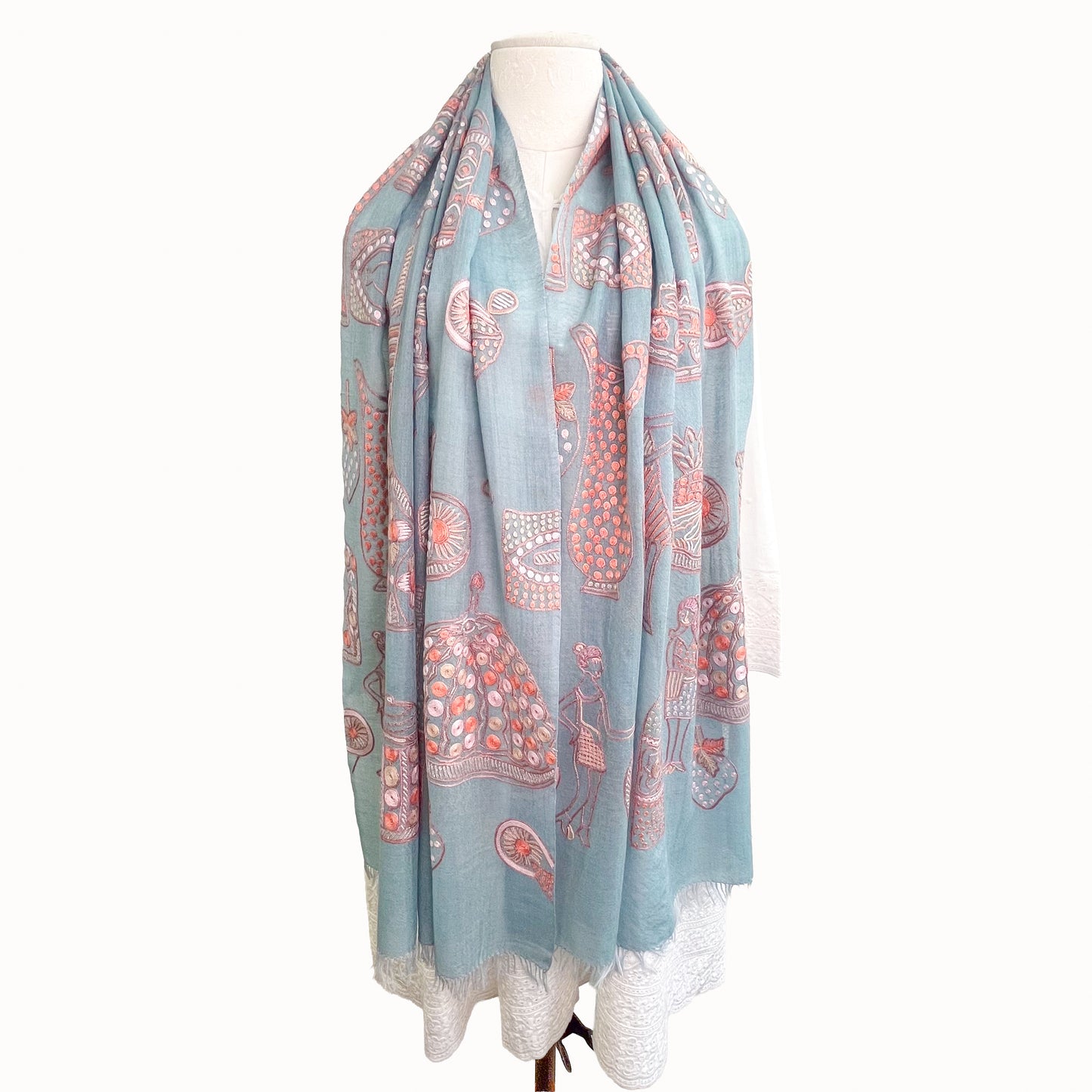 PARTY 薄手ウール&シルク アリー手刺繍ストール (ライトブルー/ピンク)