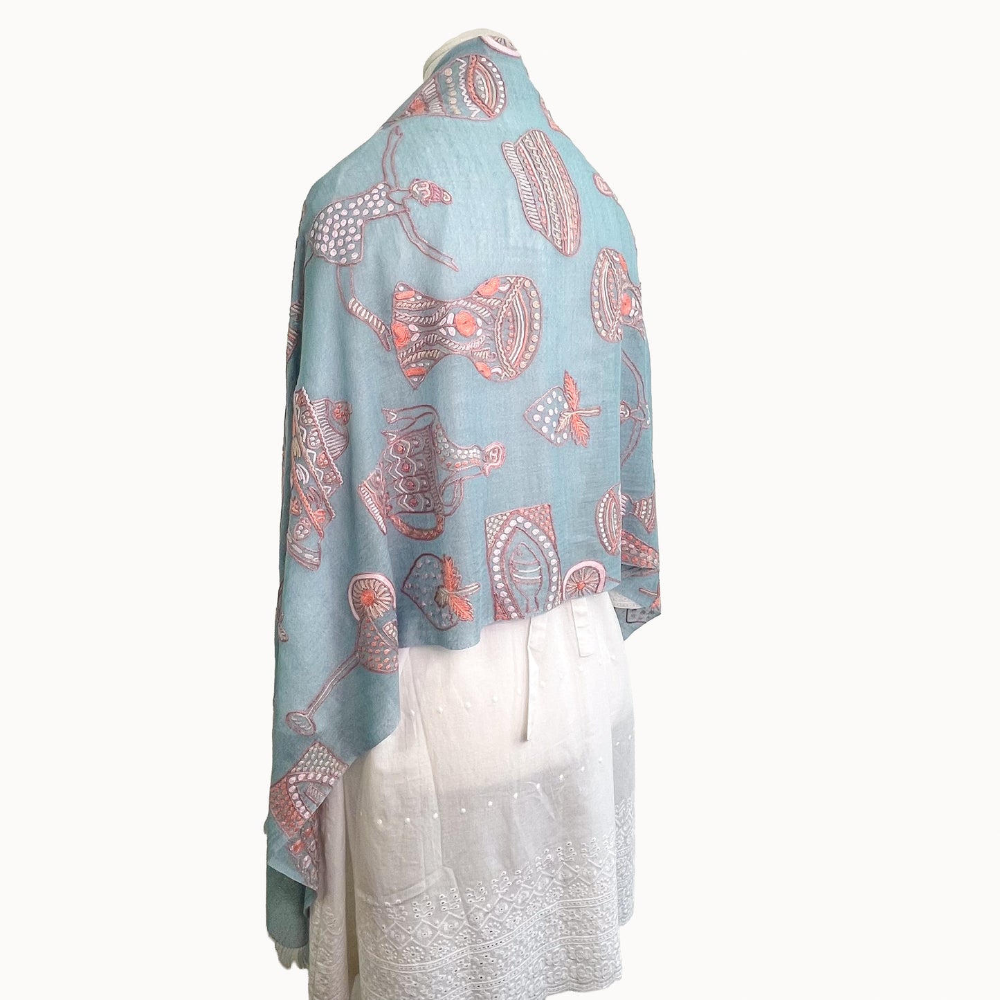 PARTY 薄手ウール&シルク アリー手刺繍ストール (ライトブルー/ピンク)