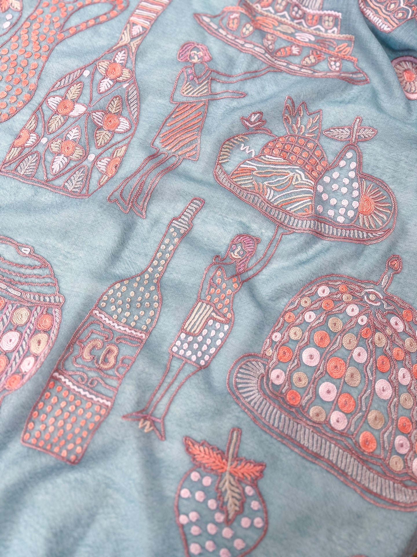 PARTY 薄手ウール&シルク アリー手刺繍ストール (ライトブルー/ピンク)