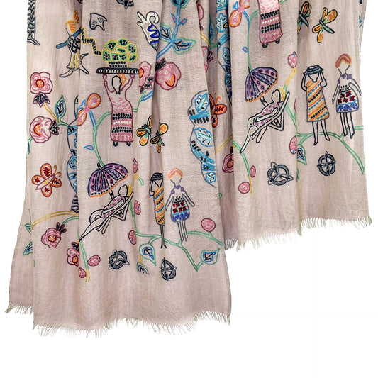 Holiday Memories Lightweight Wool & Silk Allie Hand Embroidered Stole (Sand Beige)