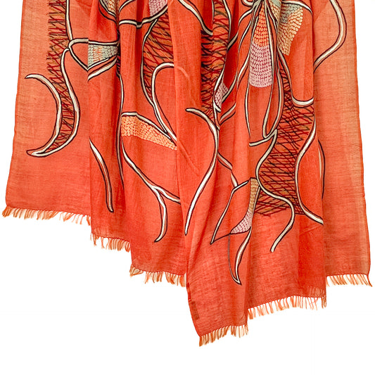 Lightweight wool and silk Allie hand-embroidered stole (orange)