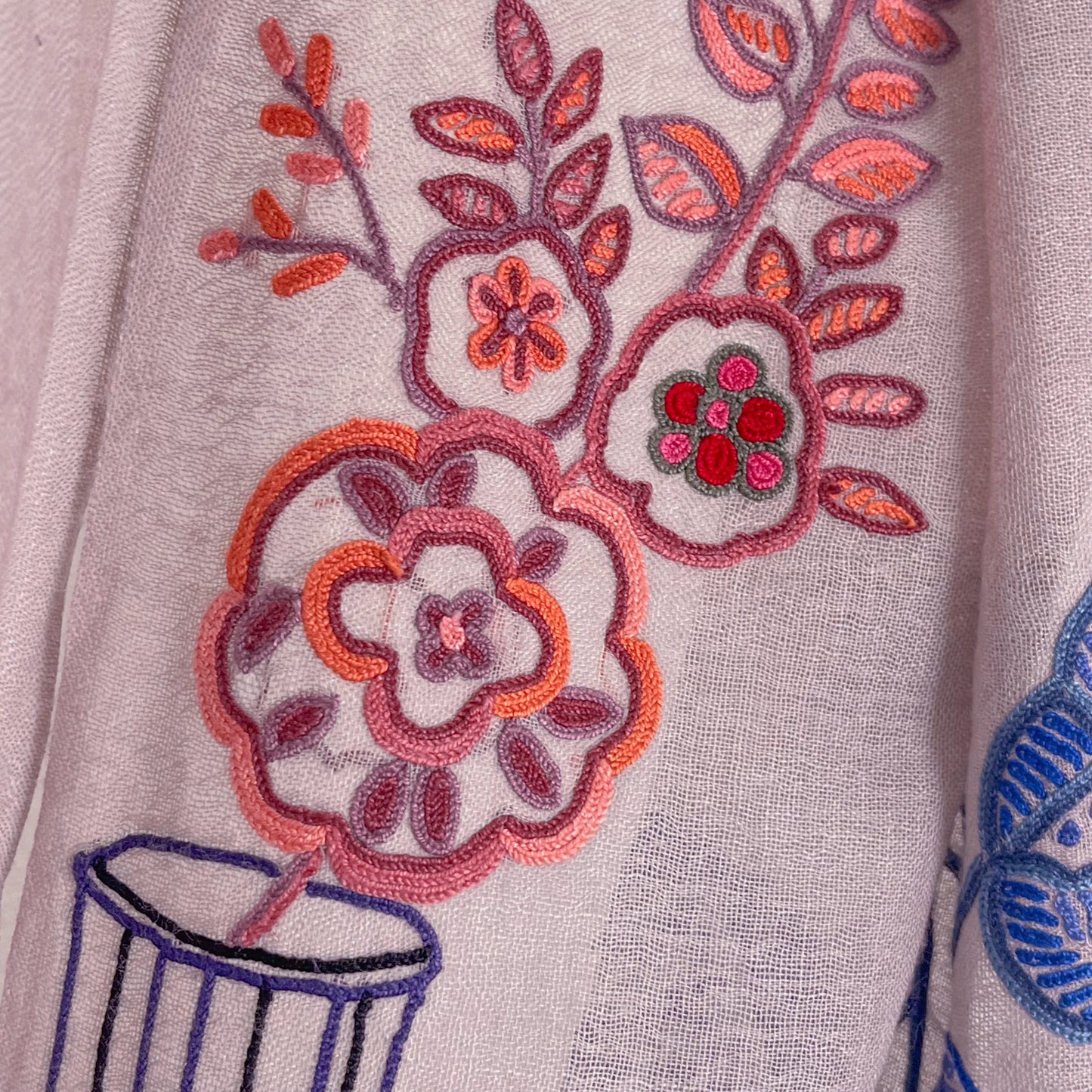 Flower Pot Wool &amp; Silk Allie Hand Embroidered Stole (Dark Navy)