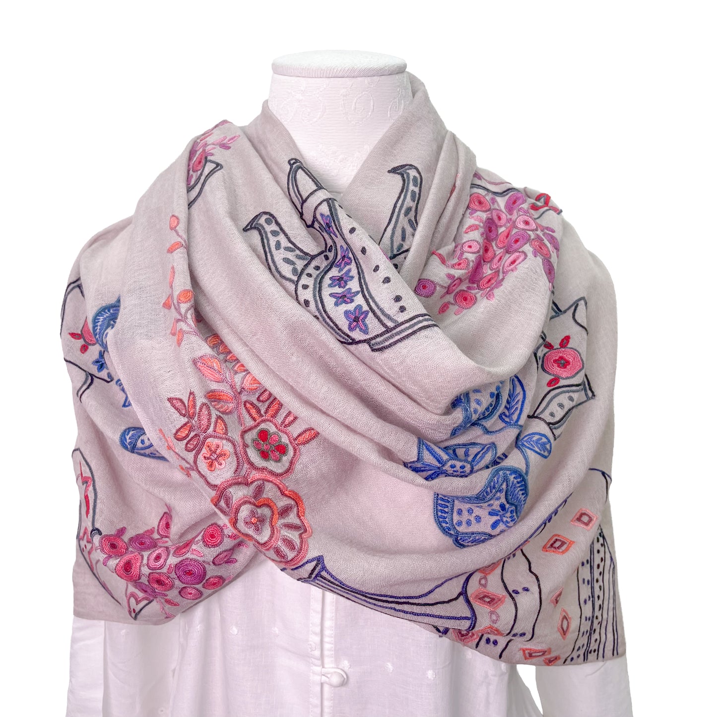 Flower Pot Wool &amp; Silk Allie Hand Embroidered Stole (Dark Navy)