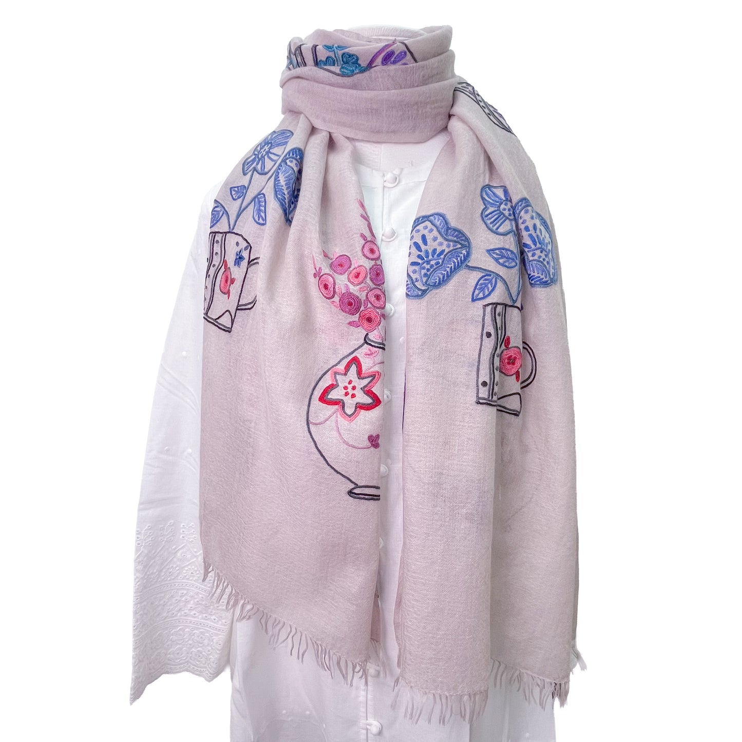 Flower Pot Wool &amp; Silk Allie Hand Embroidered Stole (Dark Navy)