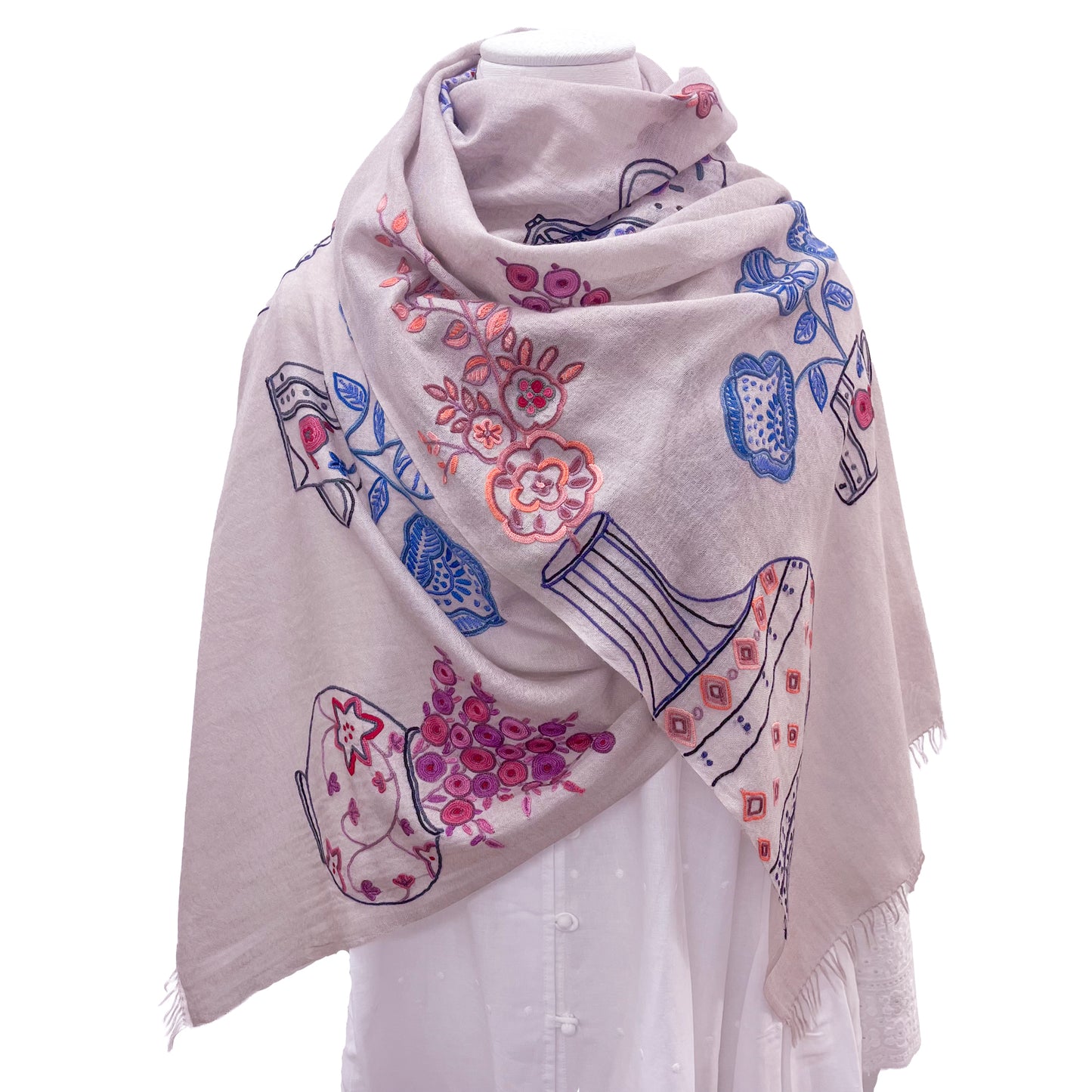 Flower Pot Wool &amp; Silk Allie Hand Embroidered Stole (Dark Navy)