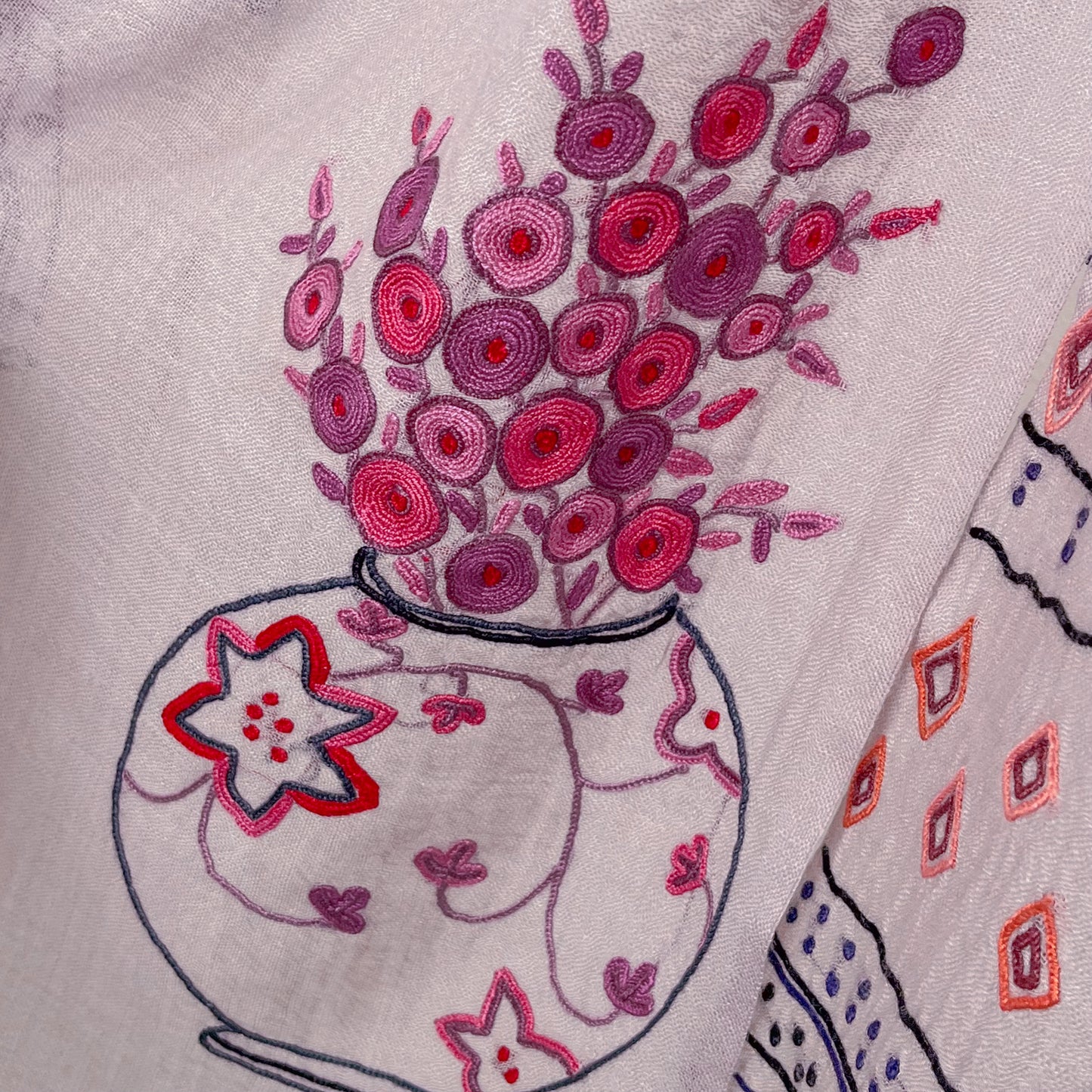 Flower Pot Wool &amp; Silk Allie Hand Embroidered Stole (Dark Navy)