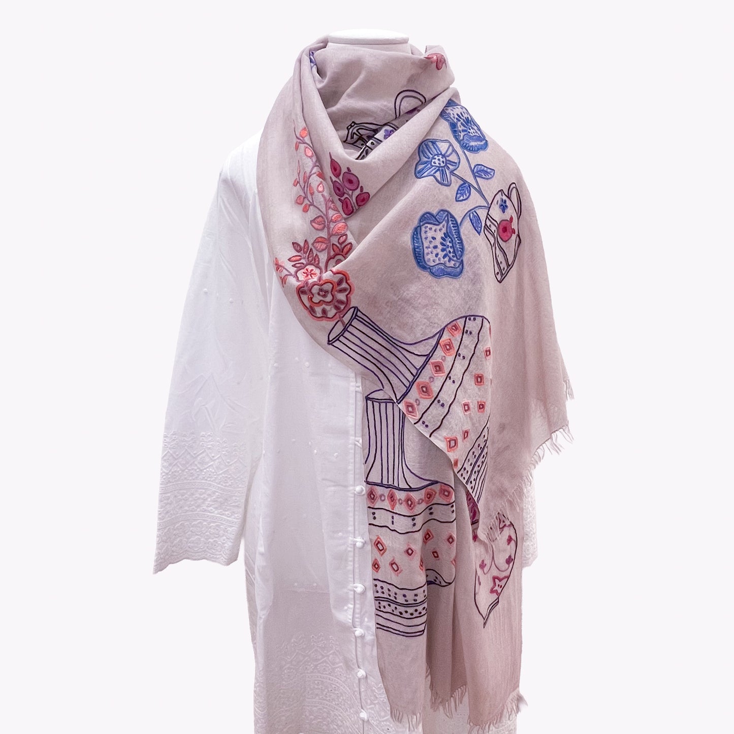 Flower Pot Wool &amp; Silk Allie Hand Embroidered Stole (Dark Navy)