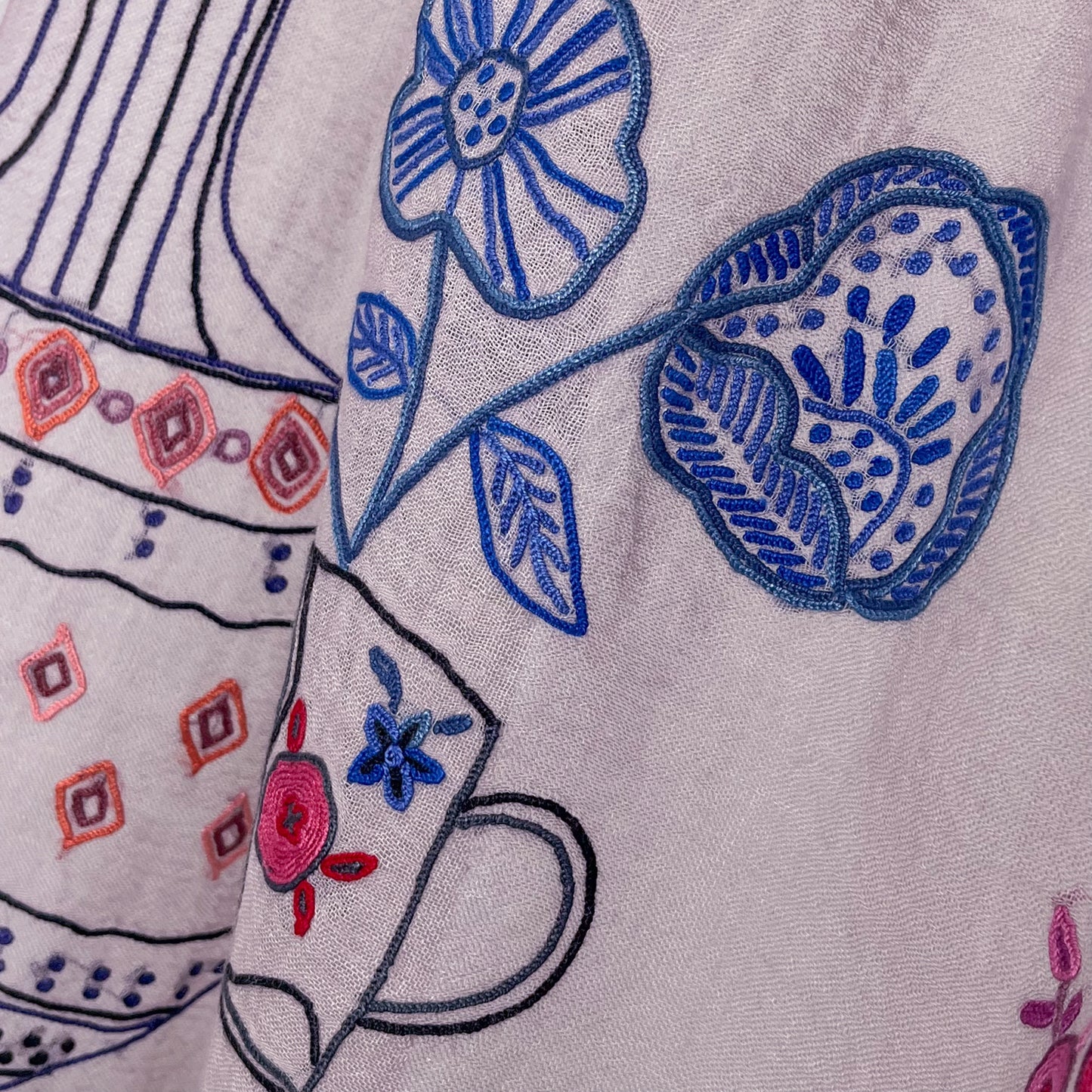 Flower Pot Wool &amp; Silk Allie Hand Embroidered Stole (Dark Navy)