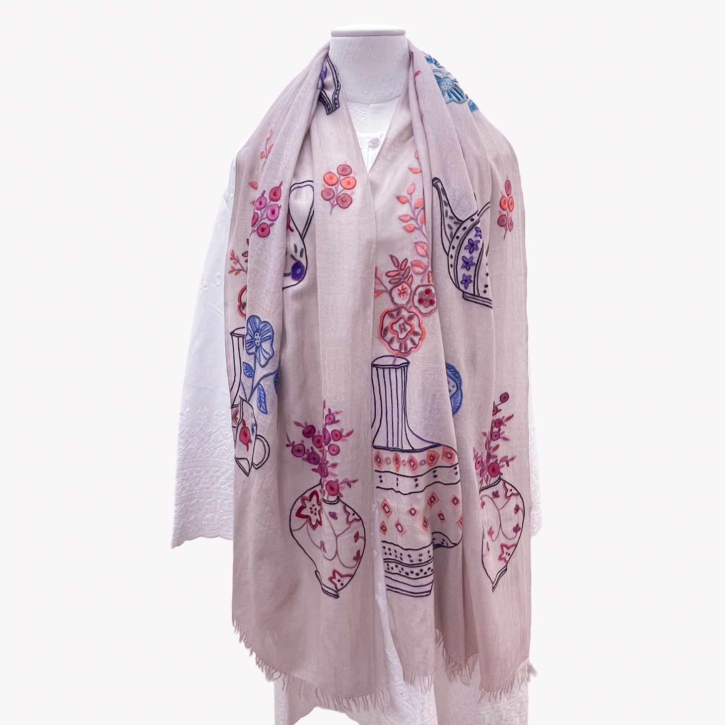 Flower Pot Wool &amp; Silk Allie Hand Embroidered Stole (Dark Navy)