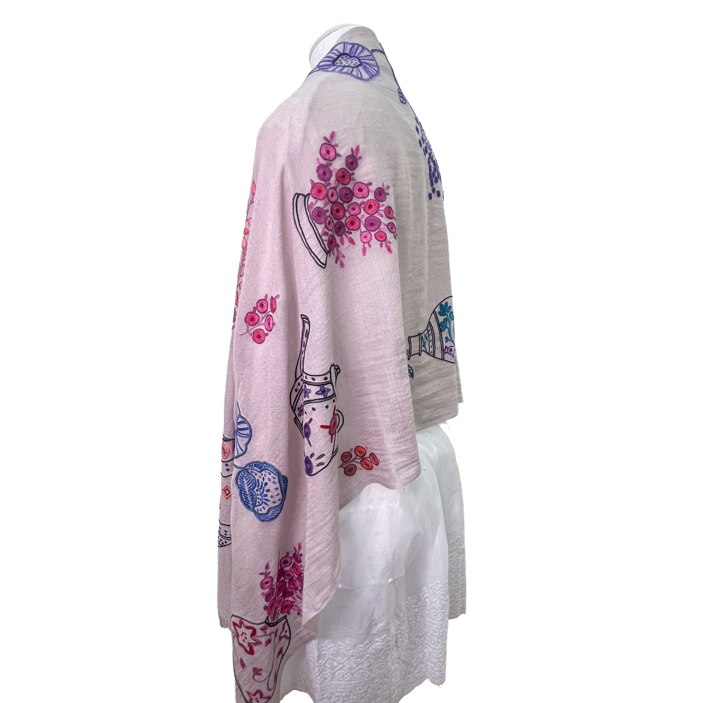 Flower Pot Wool &amp; Silk Allie Hand Embroidered Stole (Dark Navy)