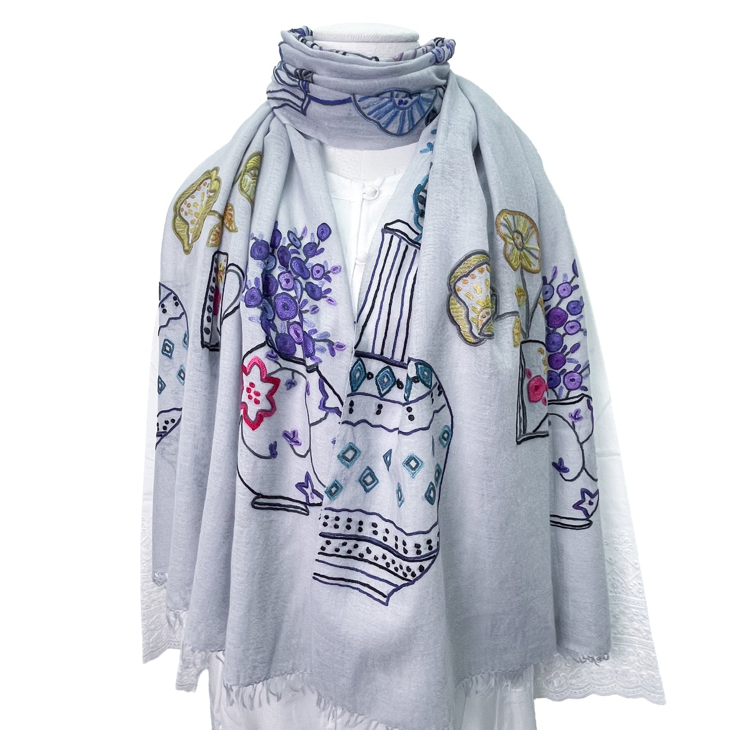 Flower Pot Wool &amp; Silk Allie Hand Embroidered Stole (Dark Navy)