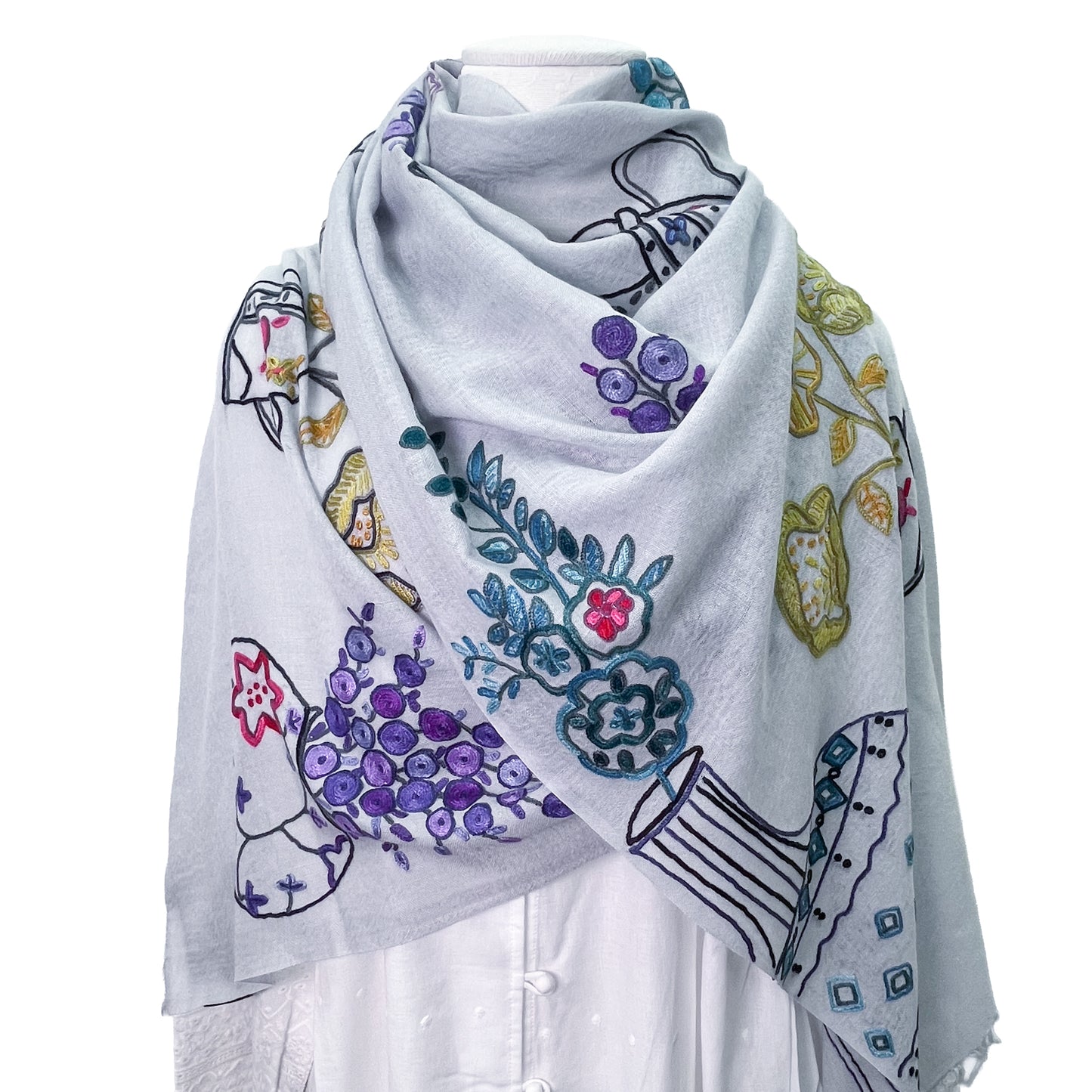 Flower Pot Wool &amp; Silk Allie Hand Embroidered Stole (Dark Navy)