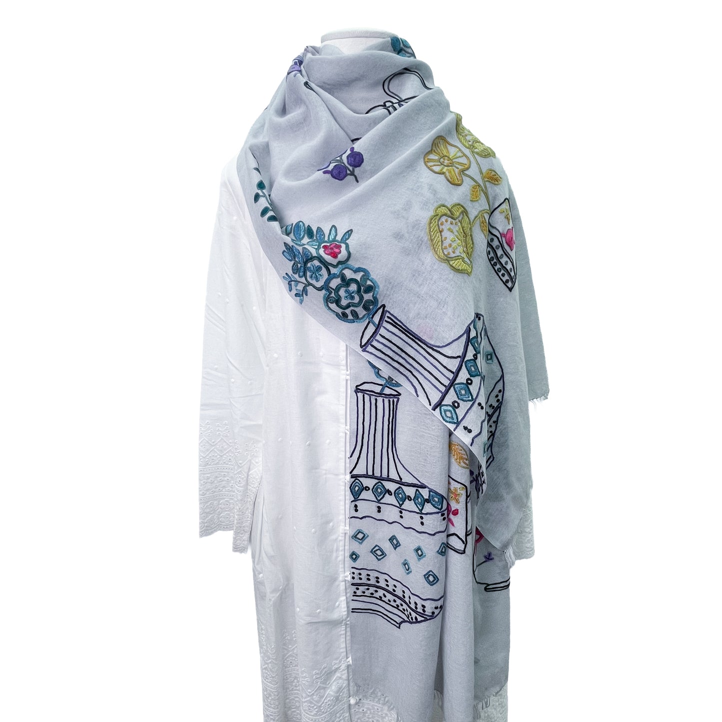 Flower Pot Wool &amp; Silk Allie Hand Embroidered Stole (Dark Navy)