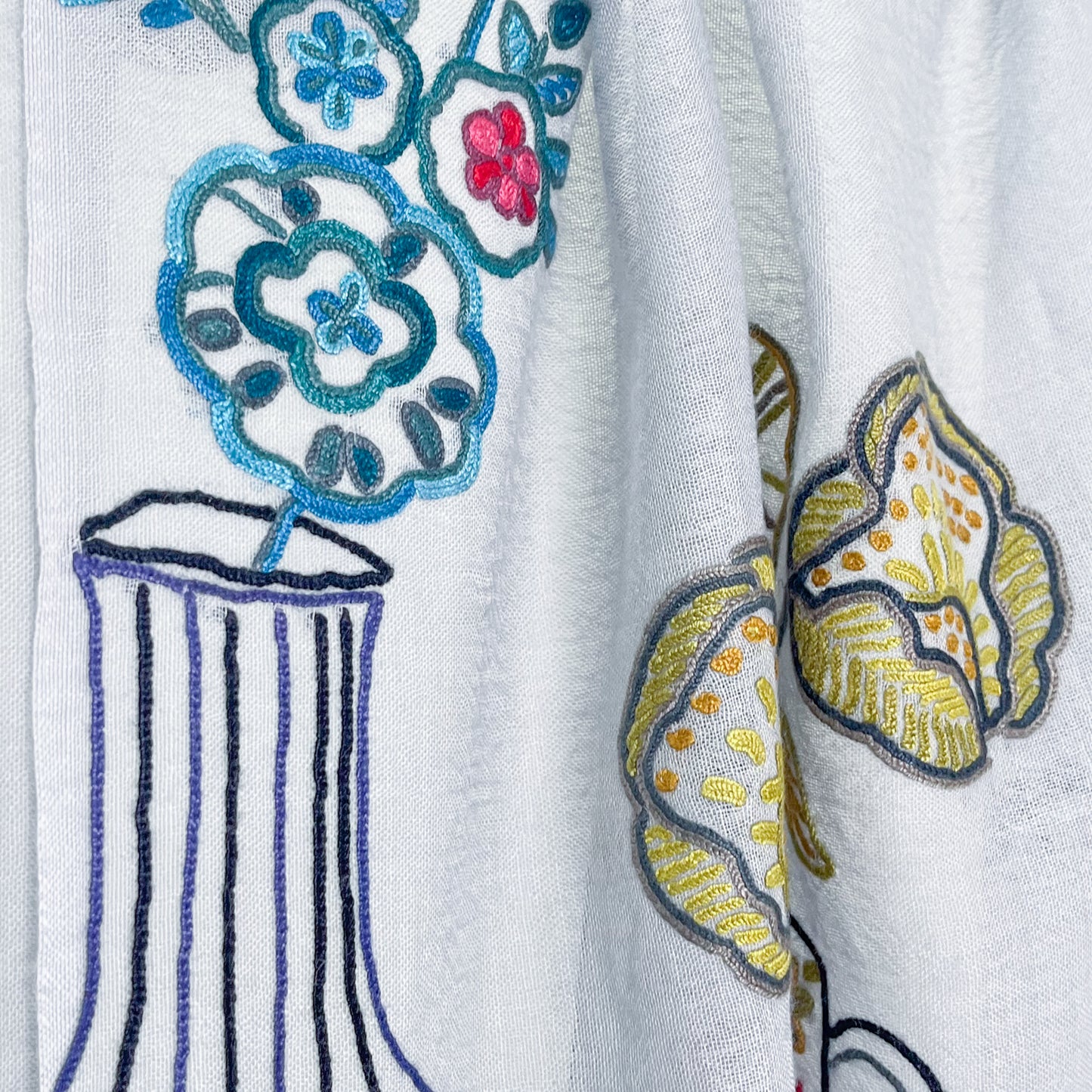 Flower Pot Wool &amp; Silk Allie Hand Embroidered Stole (Dark Navy)