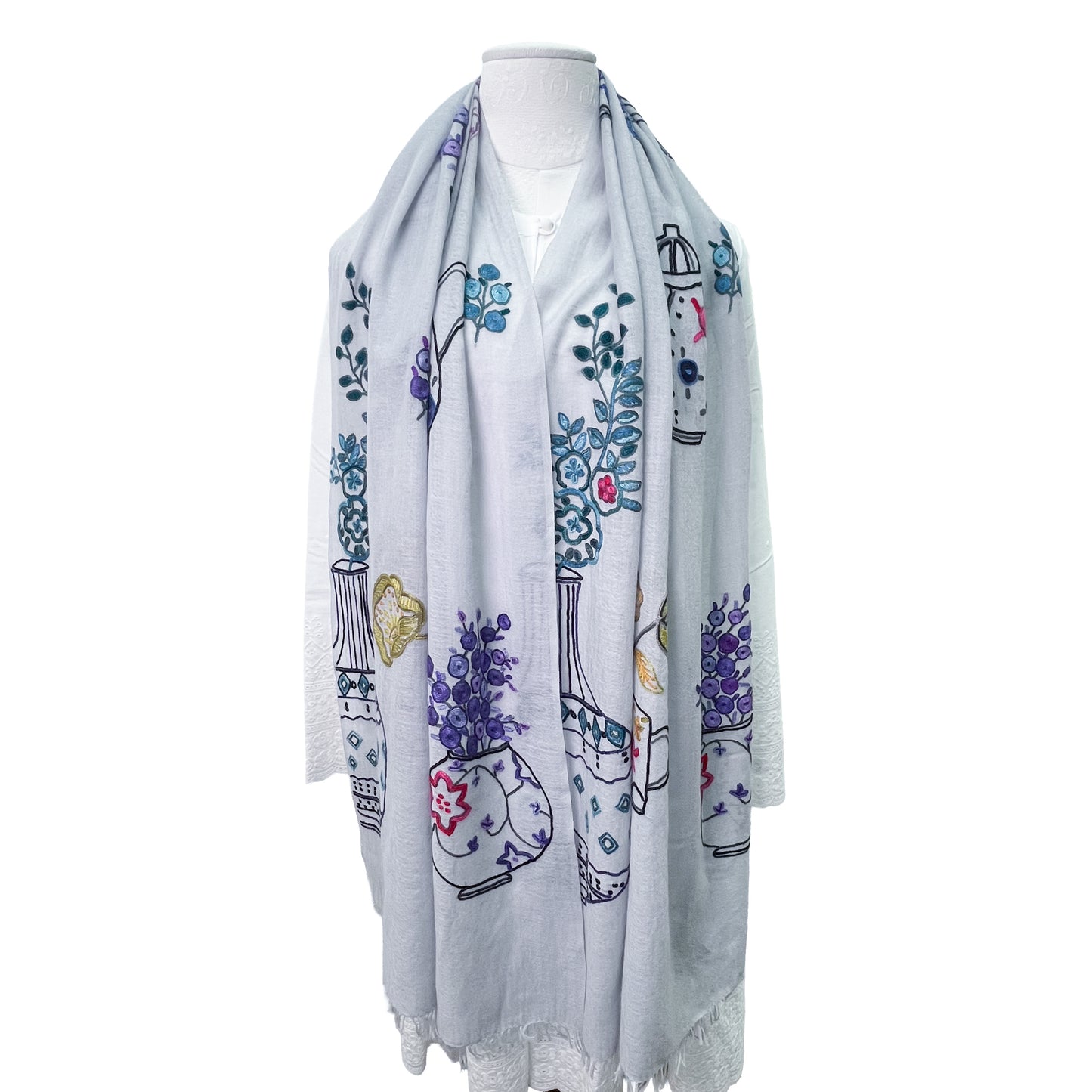 Flower Pot Wool &amp; Silk Allie Hand Embroidered Stole (Dark Navy)