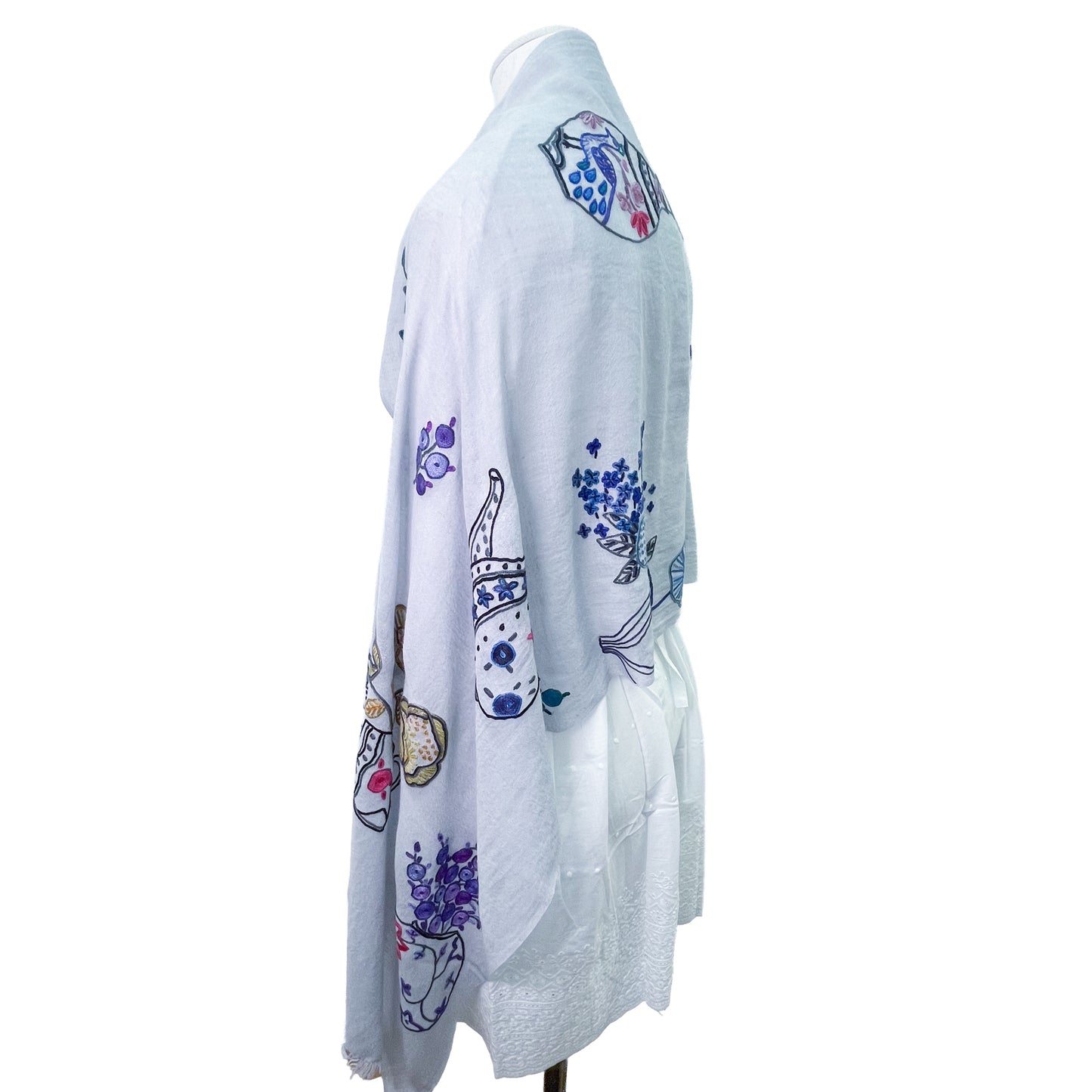 Flower Pot Wool &amp; Silk Allie Hand Embroidered Stole (Dark Navy)