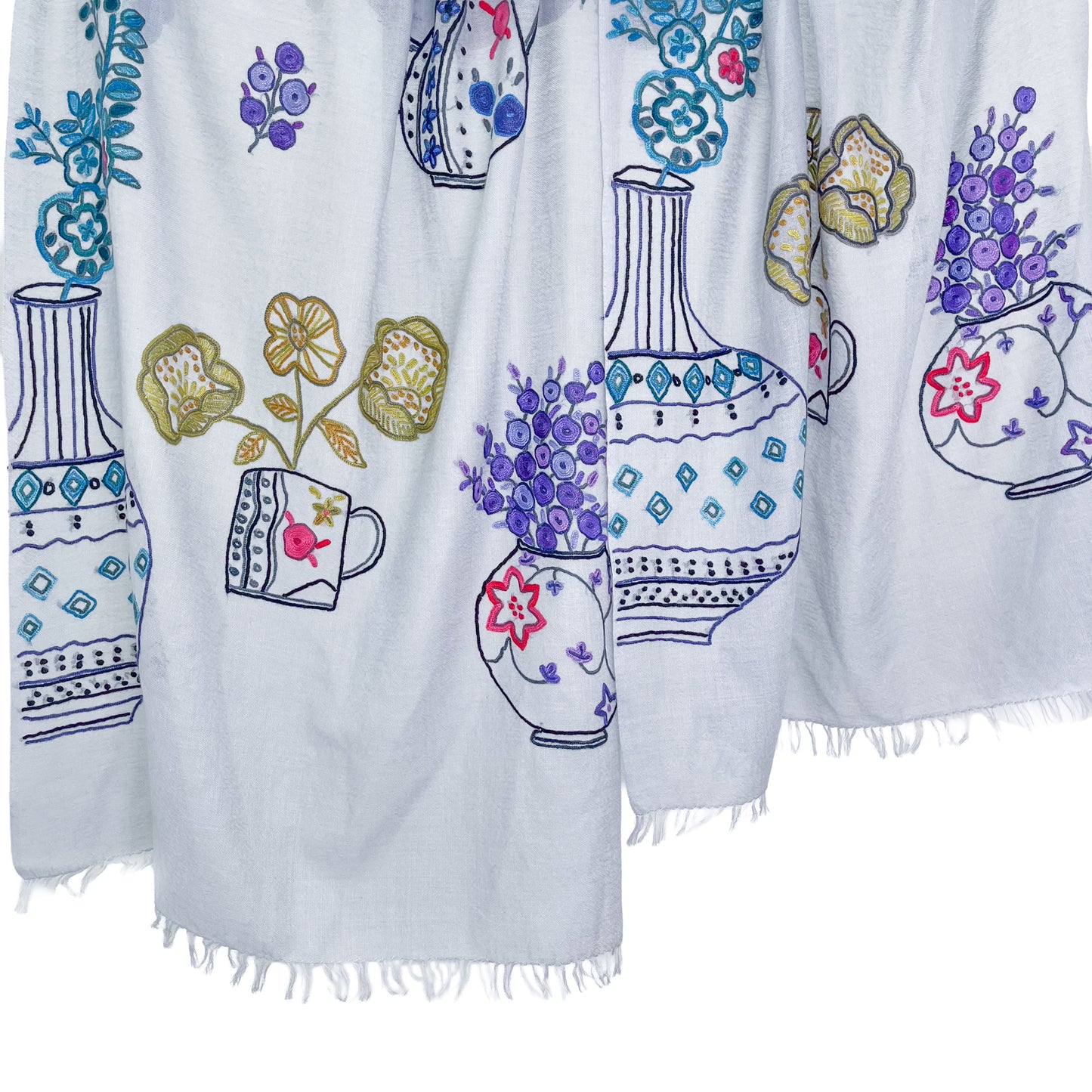 Flower Pot Wool &amp; Silk Allie Hand Embroidered Stole (Dark Navy)