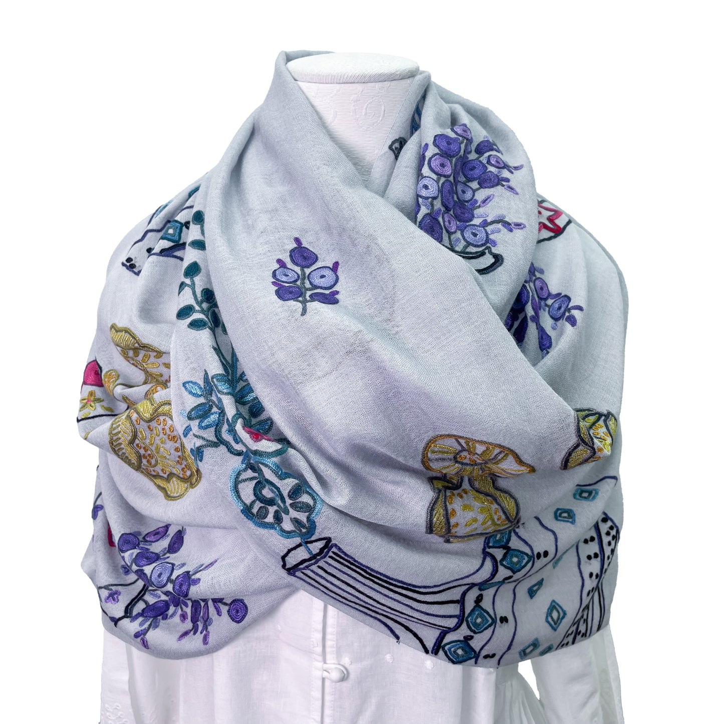 Flower Pot Wool &amp; Silk Allie Hand Embroidered Stole (Dark Navy)