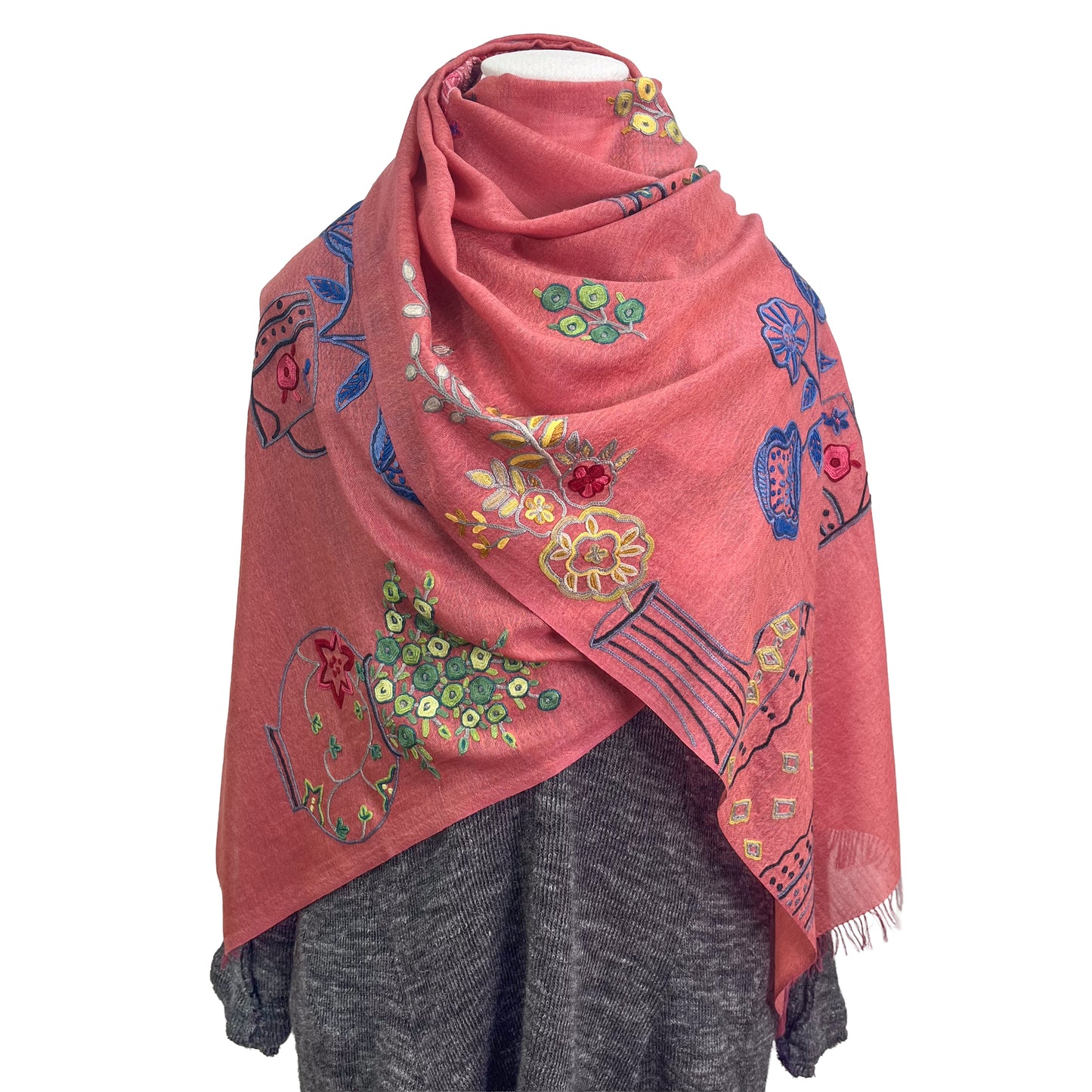 NEW FLOWER POT ウール&シルク アリー手刺繍ストール (オレンジ)