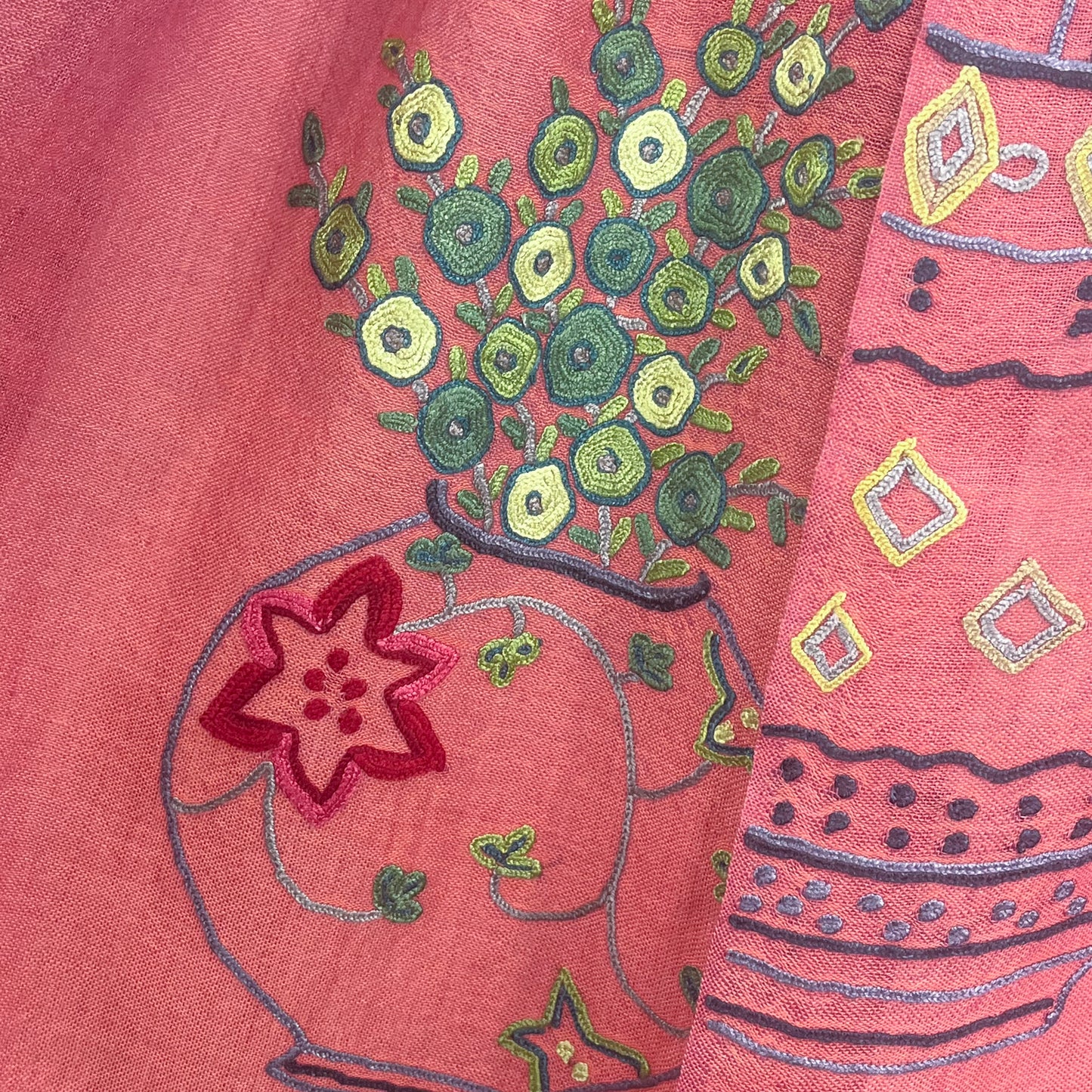 NEW FLOWER POT ウール&シルク アリー手刺繍ストール (オレンジ)