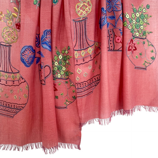 NEW FLOWER POT ウール&シルク アリー手刺繍ストール (オレンジ)