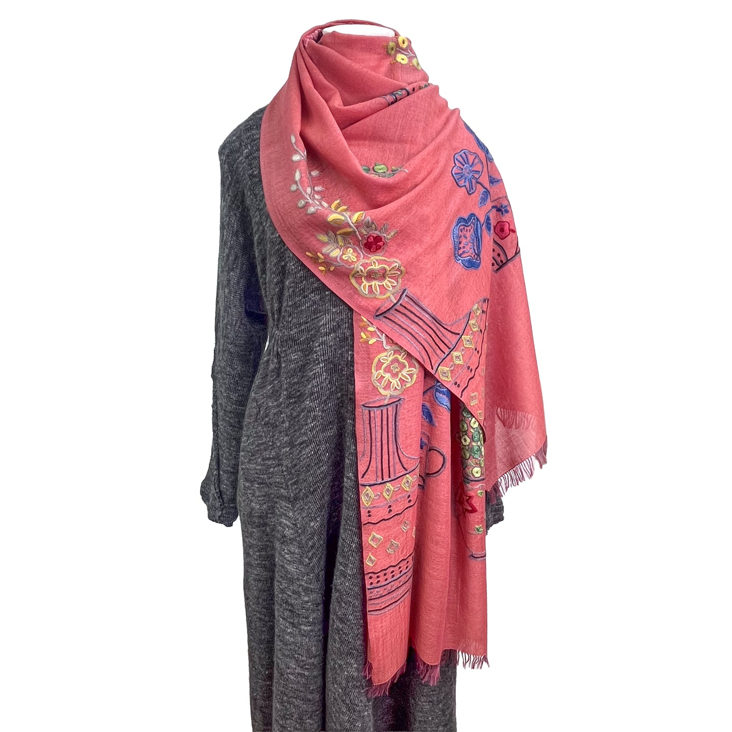 NEW FLOWER POT ウール&シルク アリー手刺繍ストール (オレンジ)