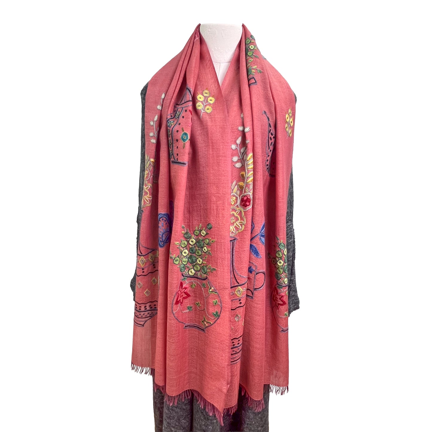 NEW FLOWER POT ウール&シルク アリー手刺繍ストール (オレンジ)