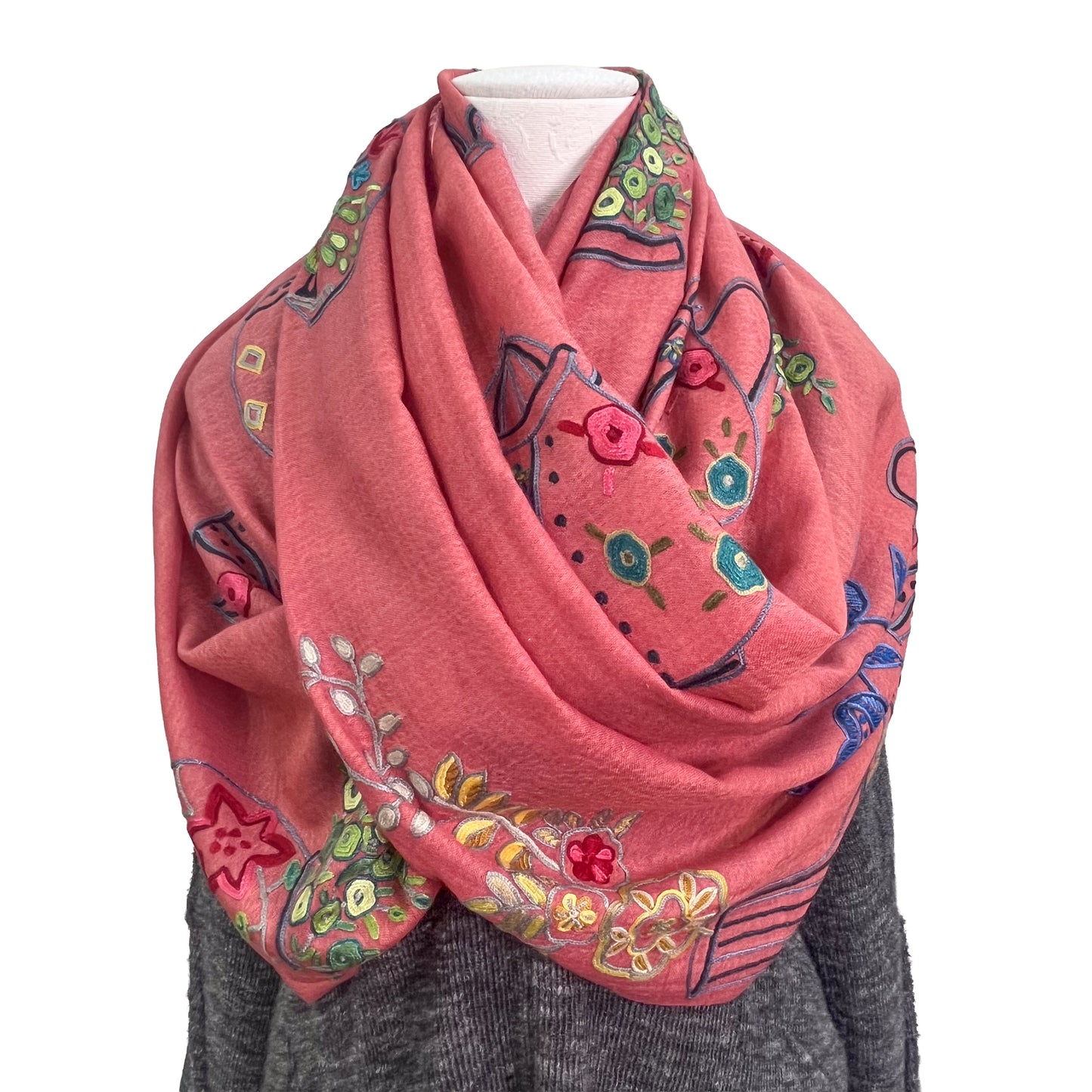 NEW FLOWER POT ウール&シルク アリー手刺繍ストール (オレンジ)