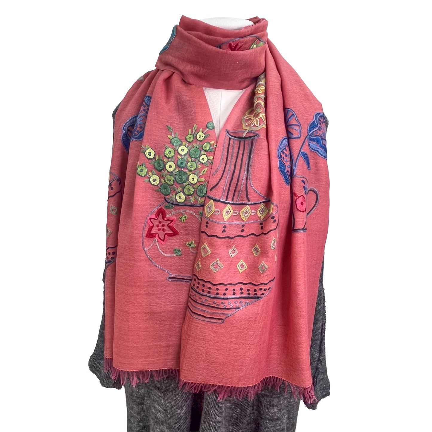 NEW FLOWER POT ウール&シルク アリー手刺繍ストール (オレンジ)