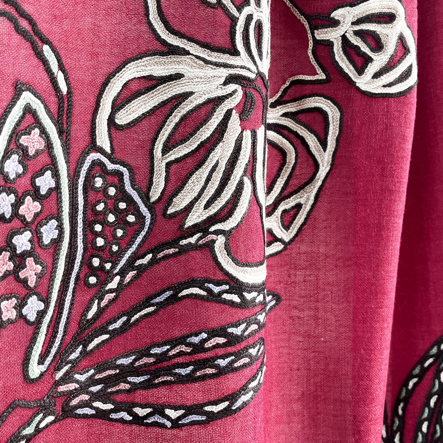 Lightweight wool &amp; silk Ally hand embroidered stole (light brown/purple) S-WTA9038_0901